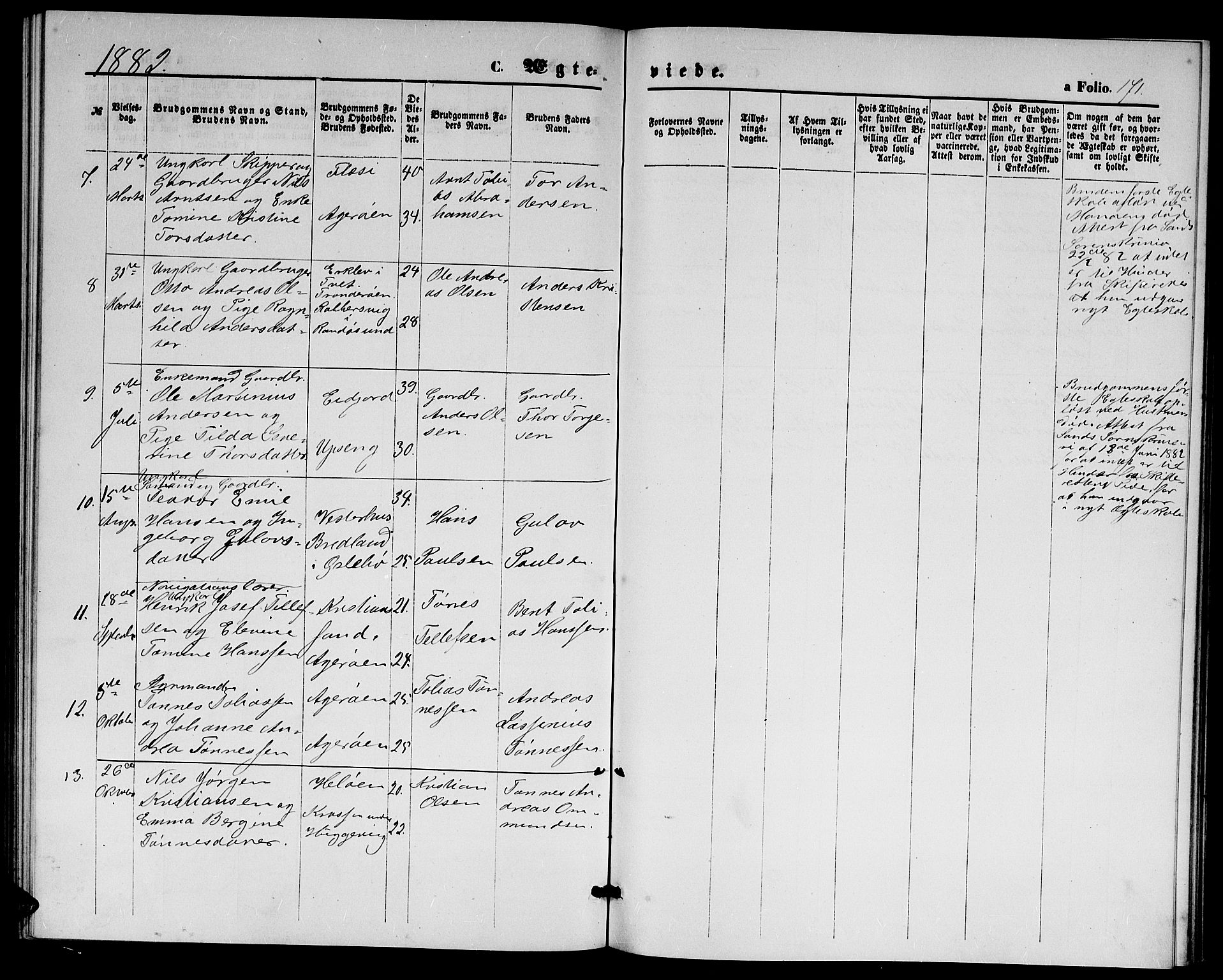 Høvåg sokneprestkontor, AV/SAK-1111-0025/F/Fb/L0003: Parish register (copy) no. B 3, 1870-1882, p. 171