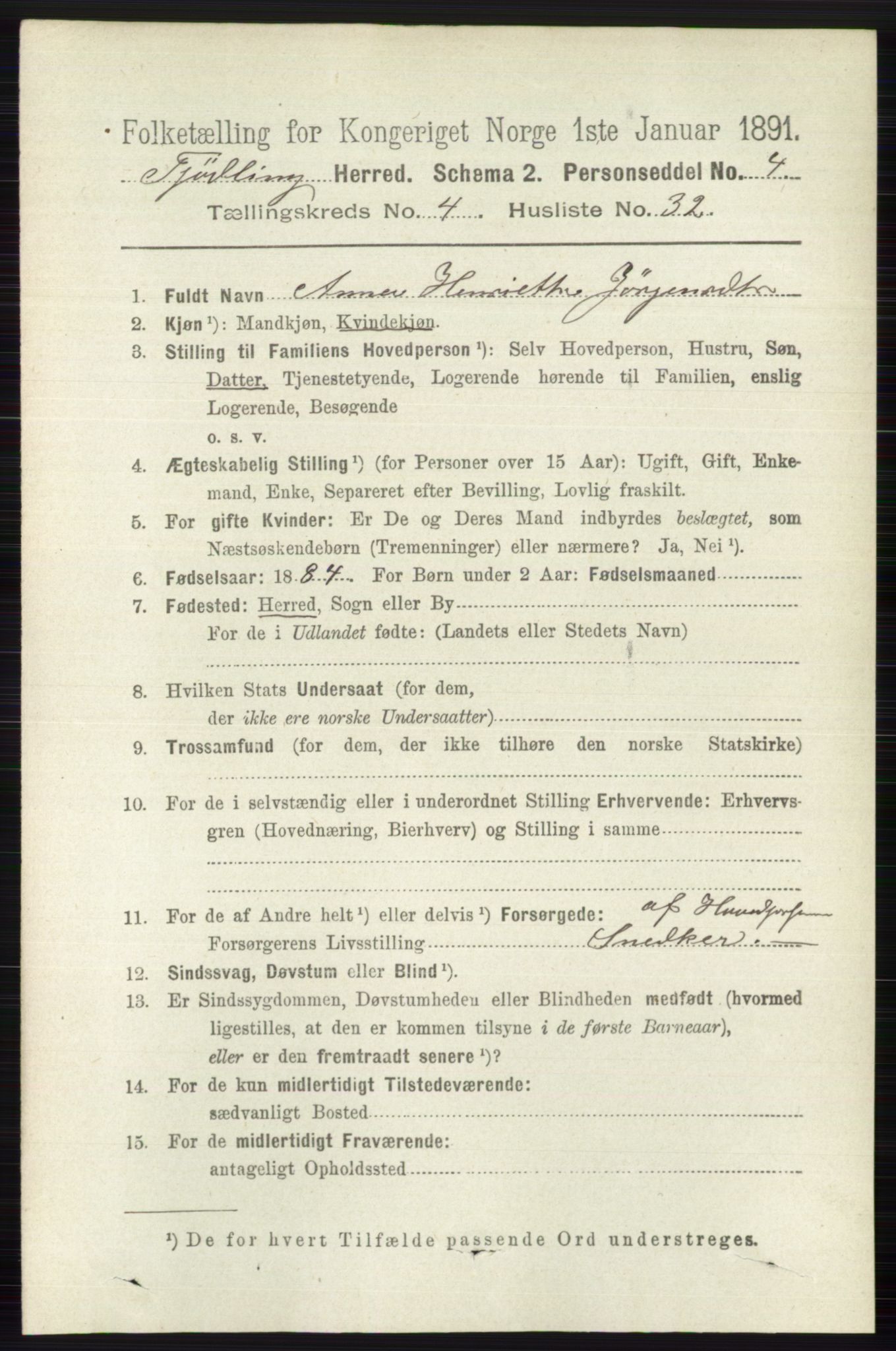 RA, 1891 census for 0725 Tjølling, 1891, p. 1630