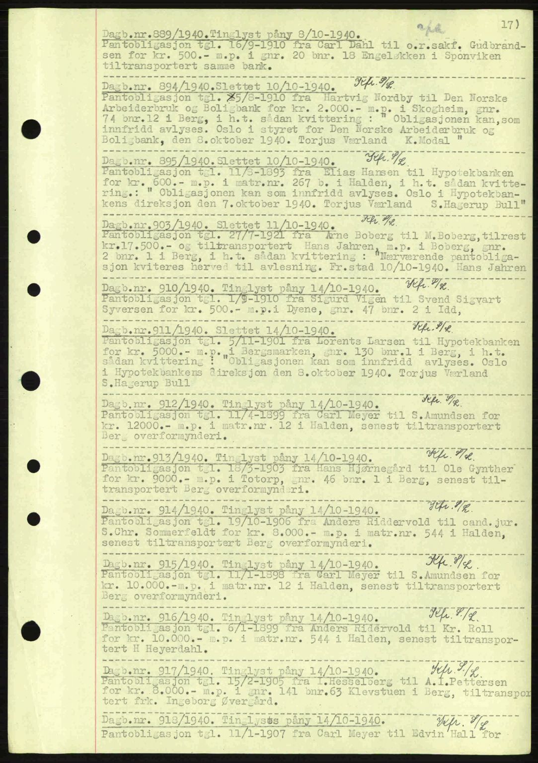 Idd og Marker sorenskriveri, AV/SAO-A-10283/G/Gb/Gbc/L0002: Mortgage book no. B4-9a, 1939-1945, Diary no: : 889/1940