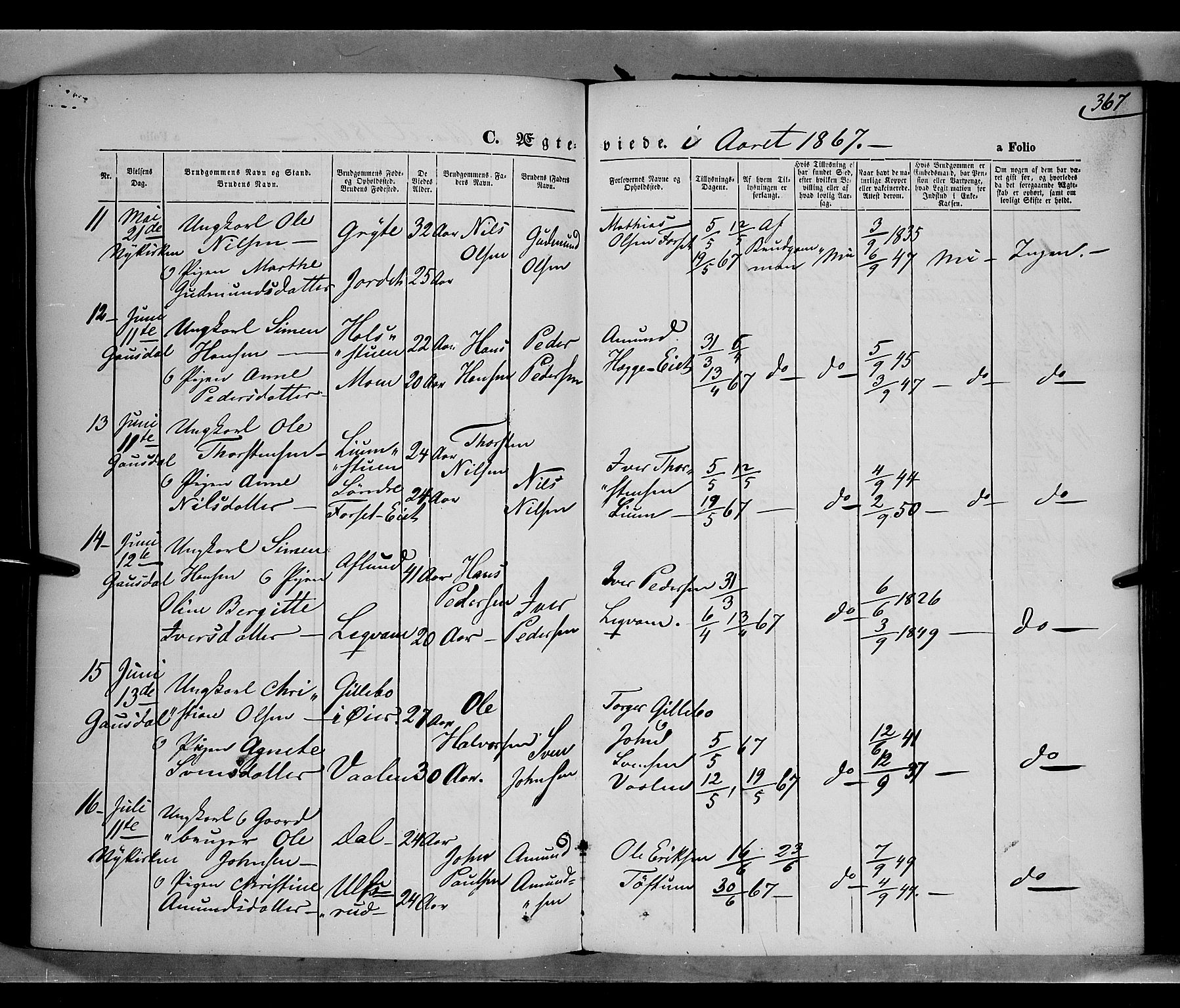 Gausdal prestekontor, SAH/PREST-090/H/Ha/Haa/L0009: Parish register (official) no. 9, 1862-1873, p. 367