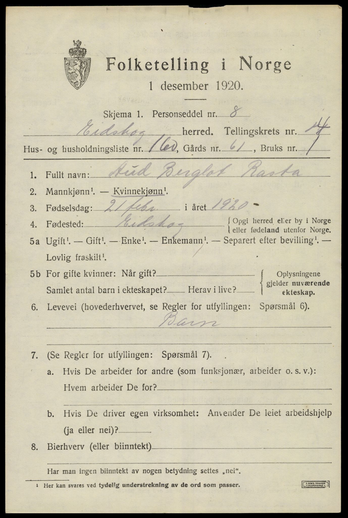 SAH, 1920 census for Eidskog, 1920, p. 15007