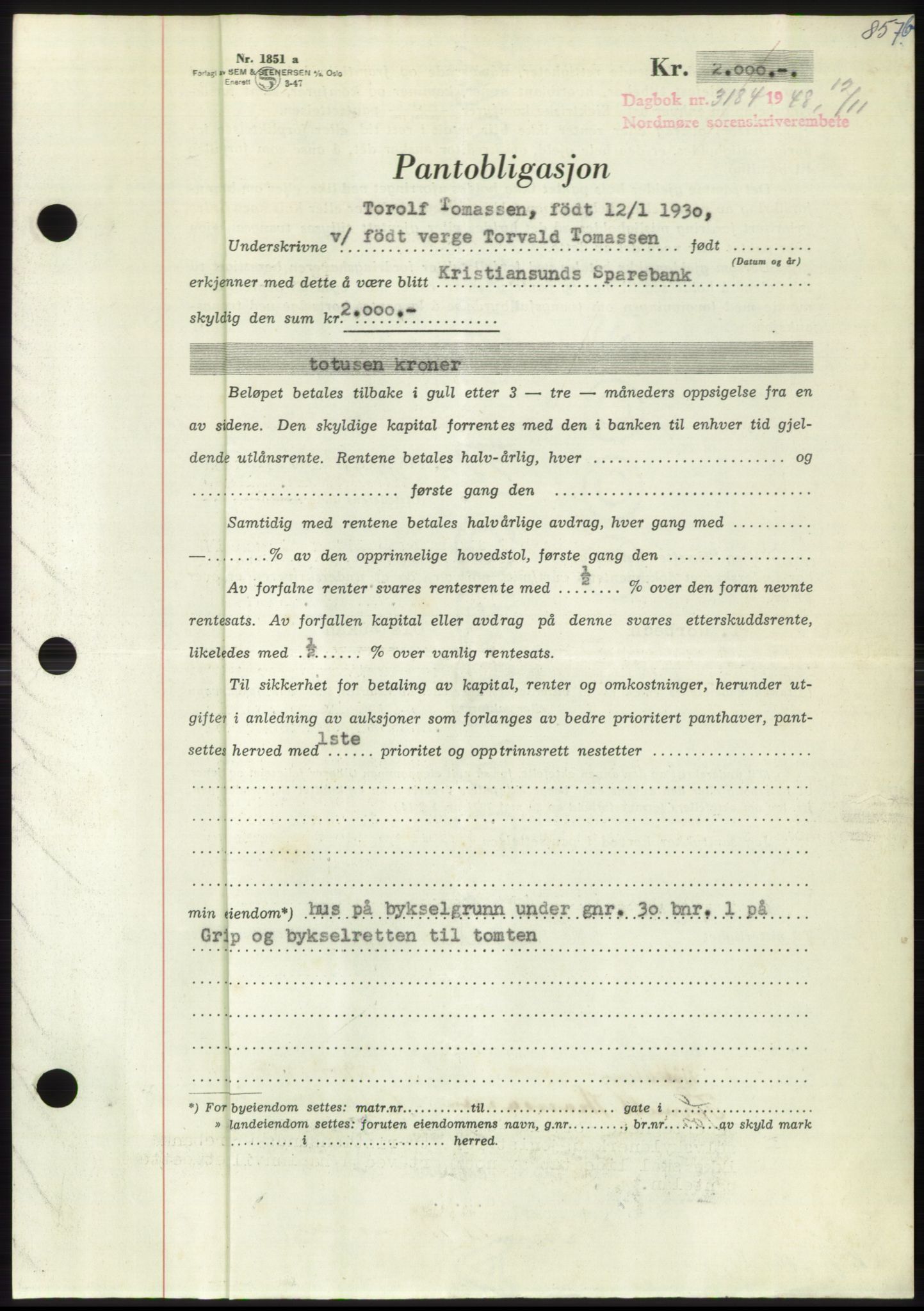 Nordmøre sorenskriveri, AV/SAT-A-4132/1/2/2Ca: Mortgage book no. B100, 1948-1949, Diary no: : 3184/1948