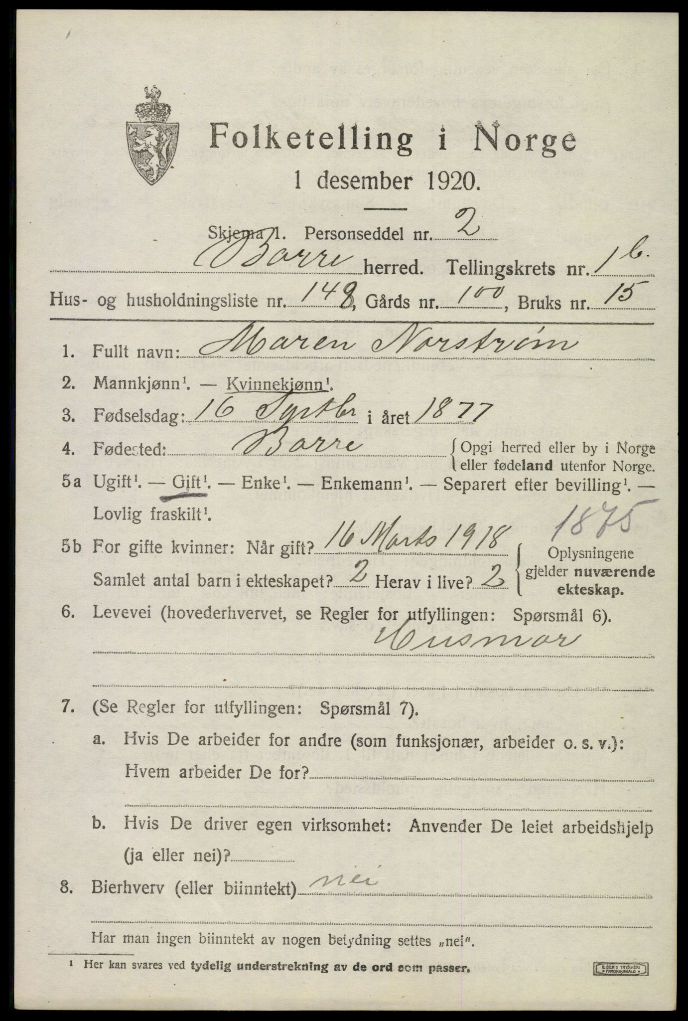 SAKO, 1920 census for Borre, 1920, p. 4158