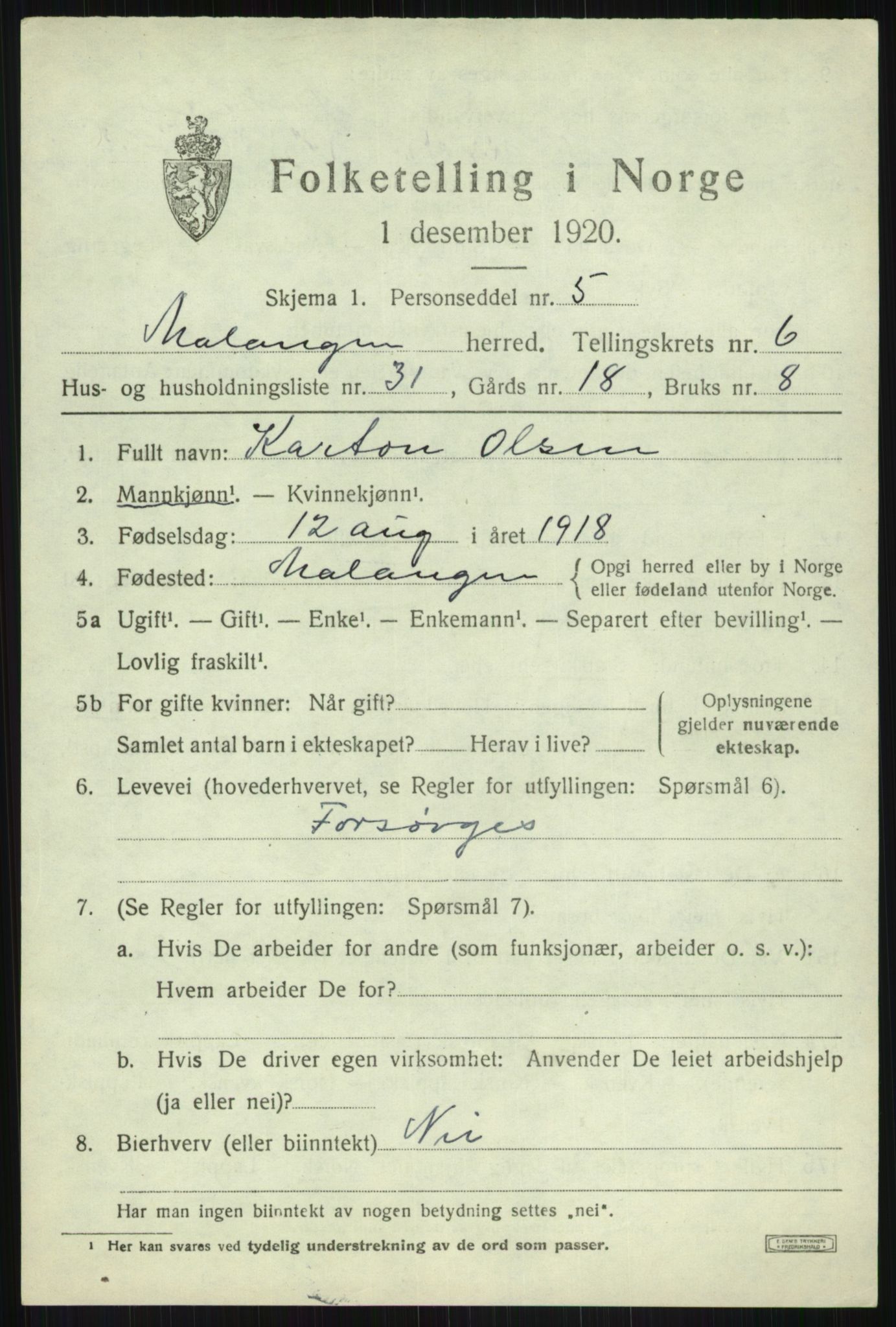 SATØ, 1920 census for Malangen, 1920, p. 2764