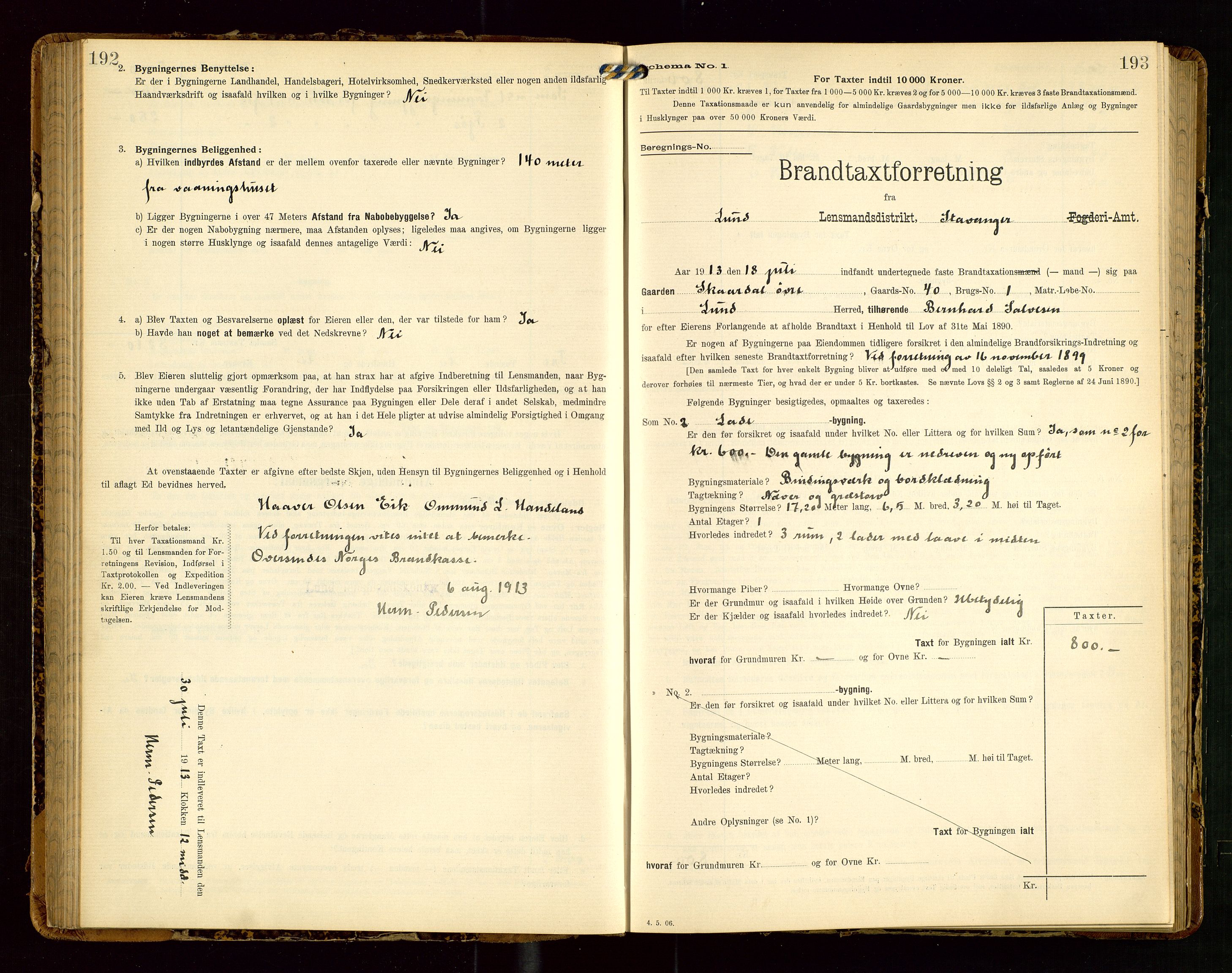 Lund lensmannskontor, AV/SAST-A-100303/Gob/L0002: "Brandtakstprotokol", 1908-1918, p. 192-193