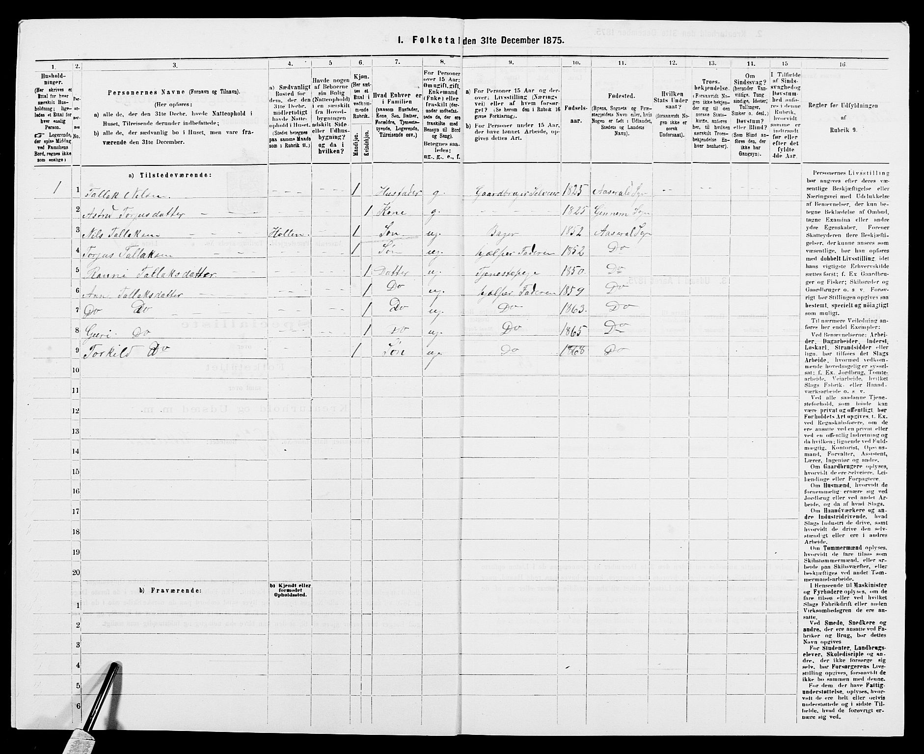 SAK, 1875 census for 0980P Åseral, 1875, p. 350