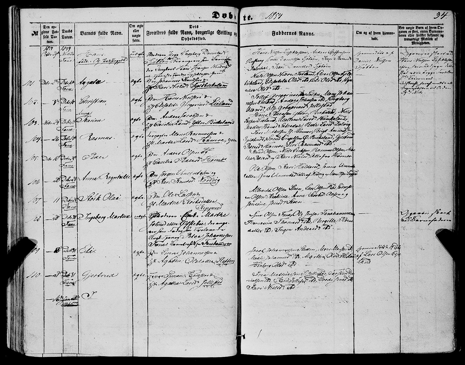 Fana Sokneprestembete, AV/SAB-A-75101/H/Haa/Haaa/L0011: Parish register (official) no. A 11, 1851-1862, p. 34