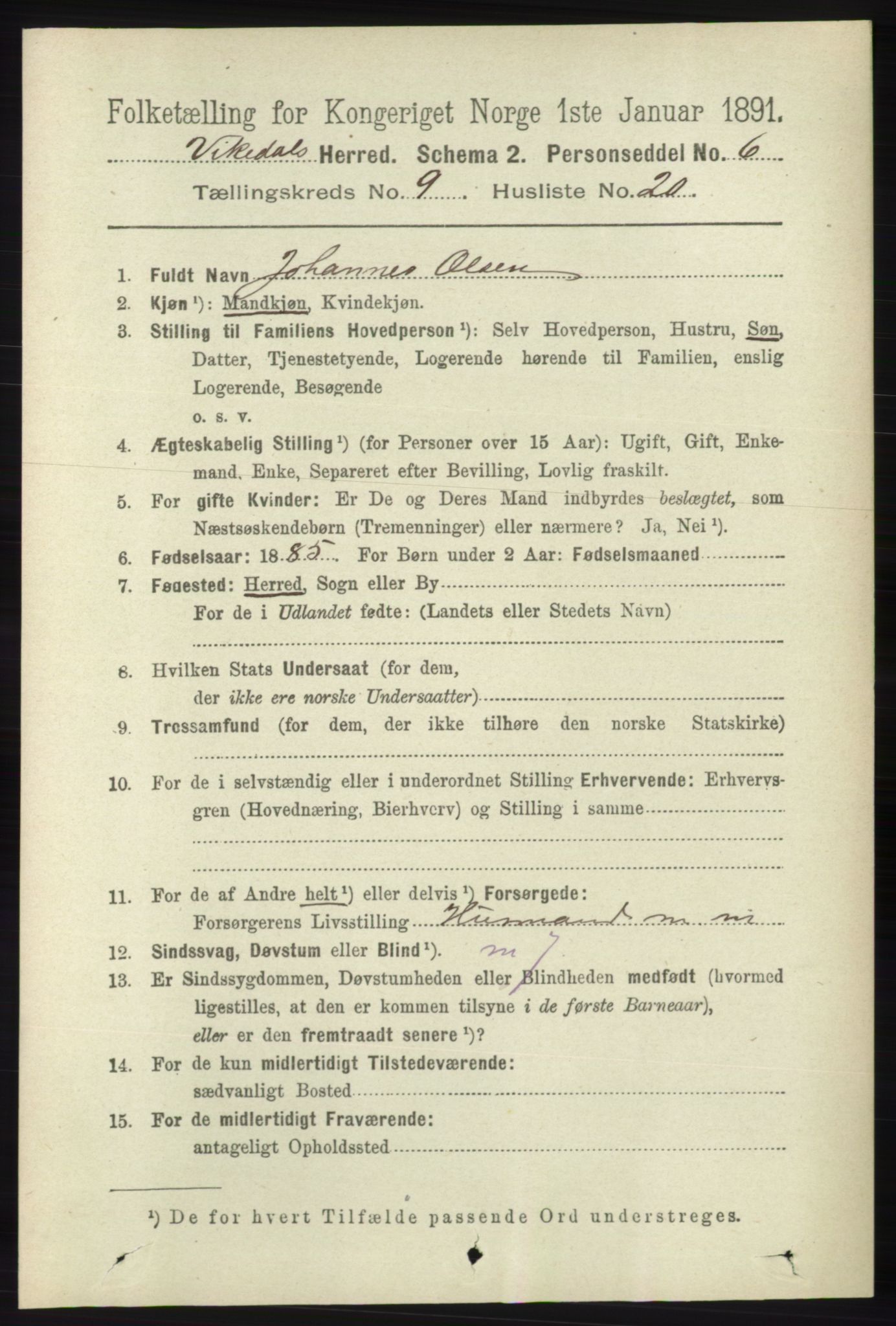 RA, 1891 census for 1157 Vikedal, 1891, p. 2459