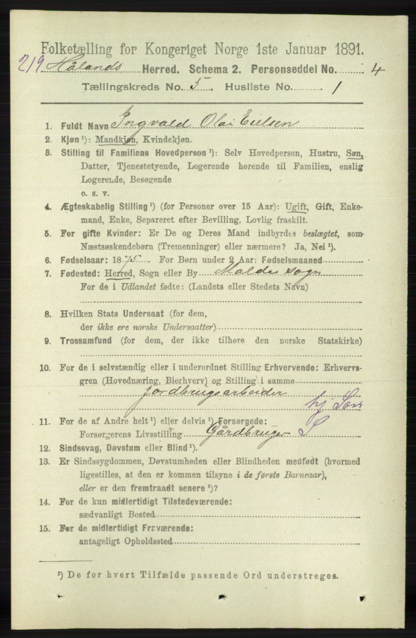 RA, 1891 census for 1124 Haaland, 1891, p. 3302