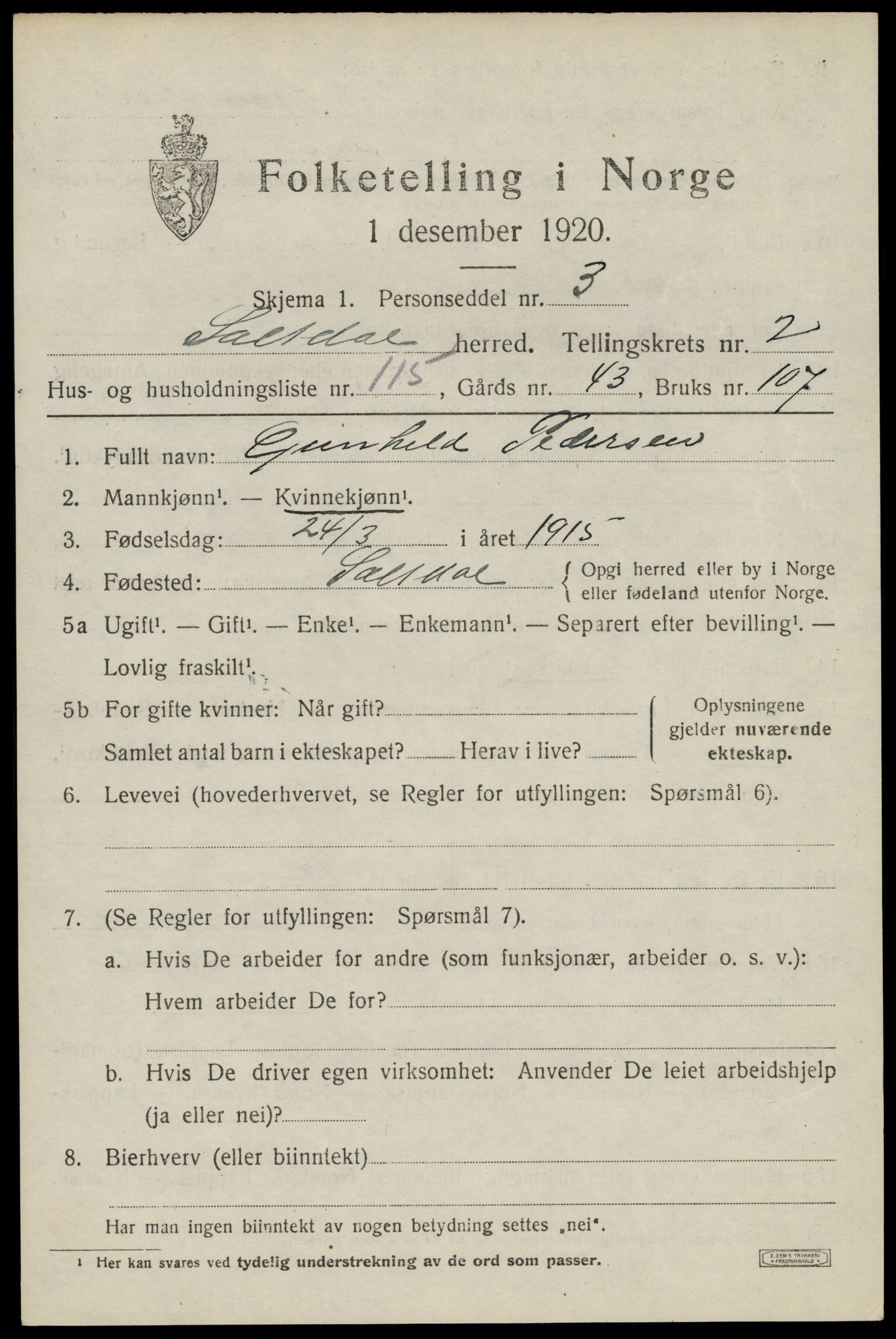 SAT, 1920 census for Saltdal, 1920, p. 4275