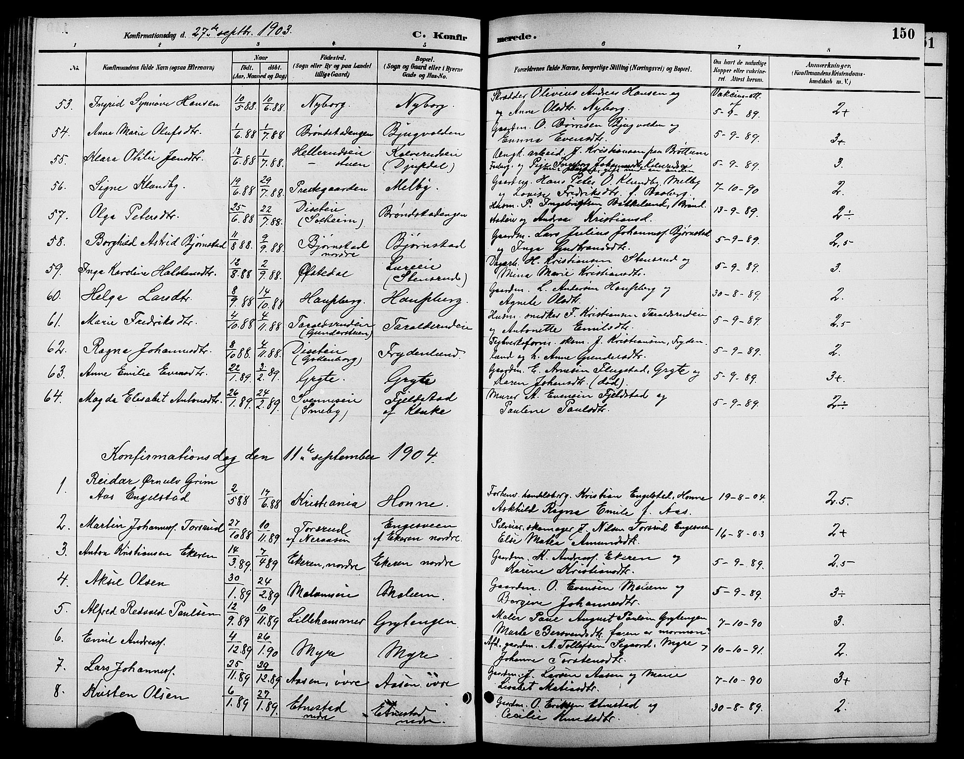 Biri prestekontor, SAH/PREST-096/H/Ha/Hab/L0004: Parish register (copy) no. 4, 1892-1909, p. 150