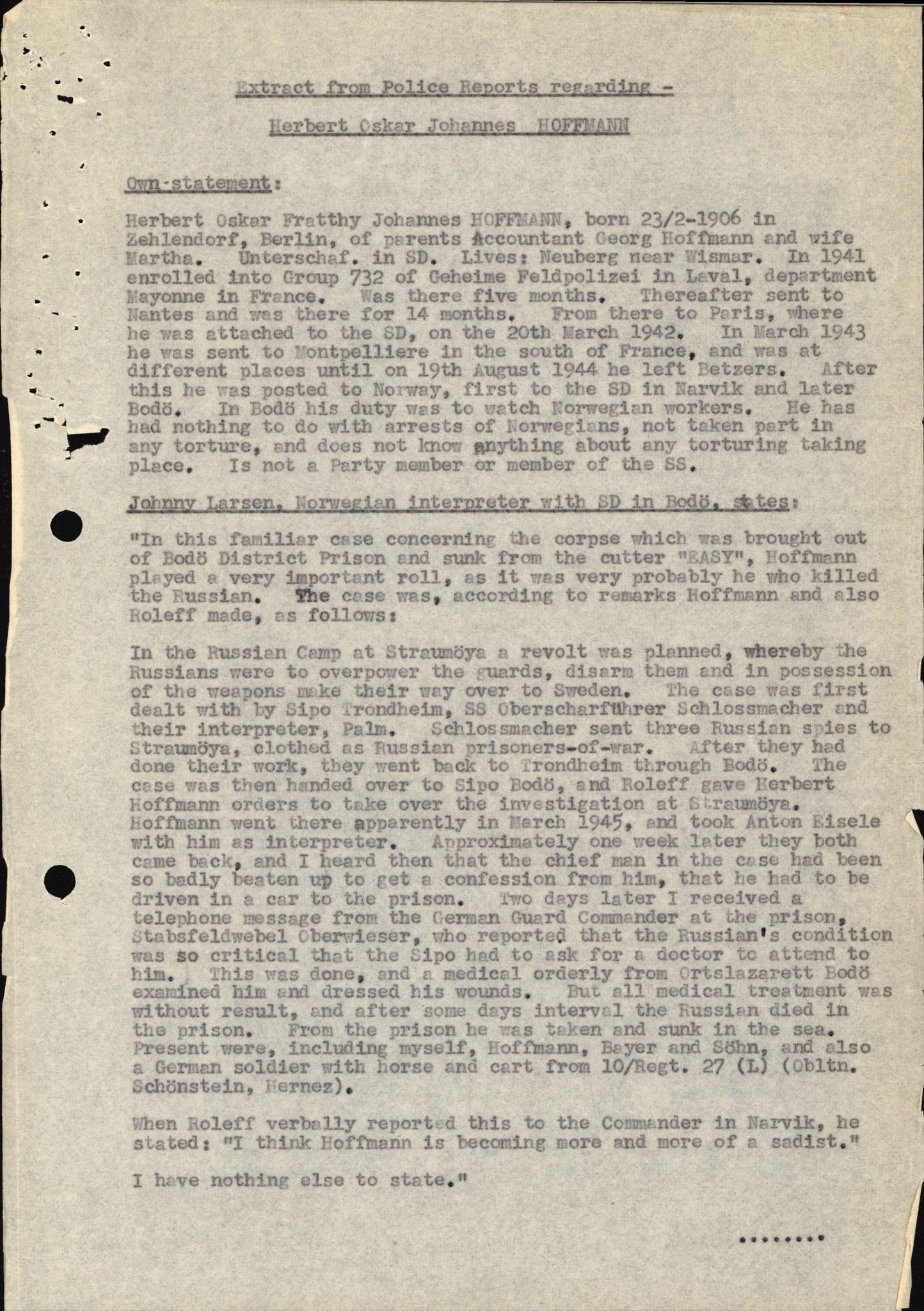 Forsvaret, Forsvarets overkommando II, AV/RA-RAFA-3915/D/Db/L0013: CI Questionaires. Tyske okkupasjonsstyrker i Norge. Tyskere., 1945-1946, p. 359