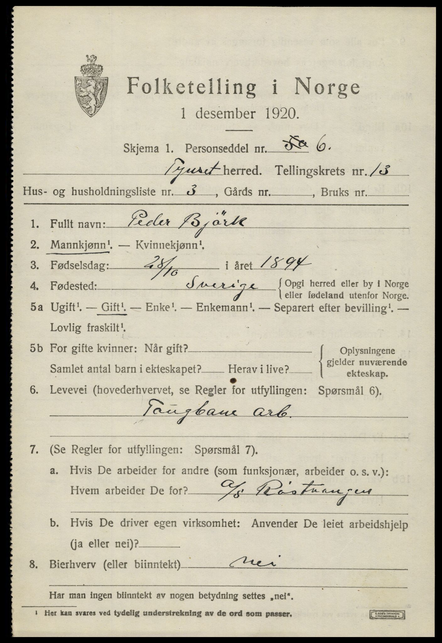 SAH, 1920 census for Tynset, 1920, p. 8598