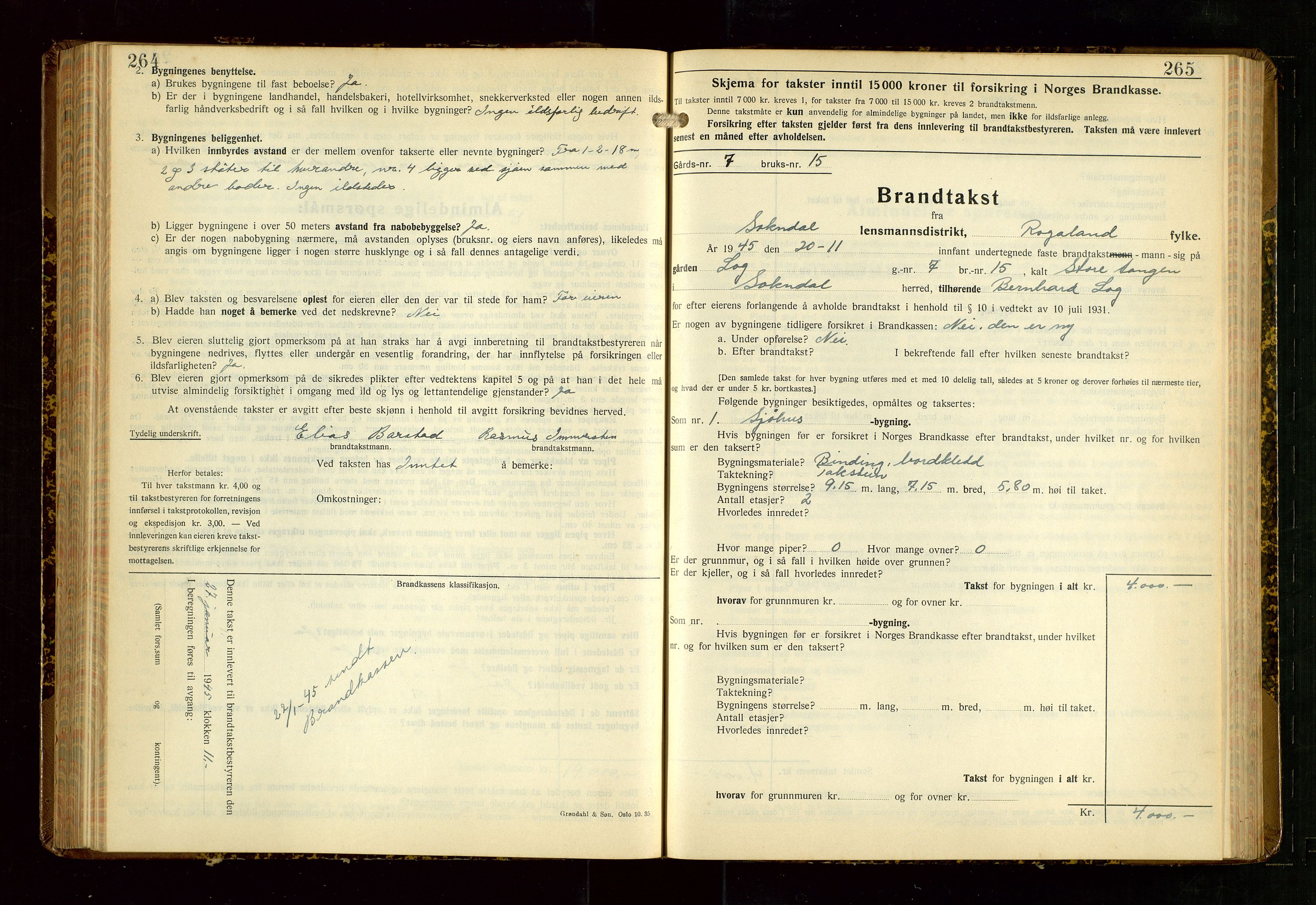 Sokndal lensmannskontor, AV/SAST-A-100417/Gob/L0008: "Brandtakst-Protokoll", 1937-1955, p. 264-265