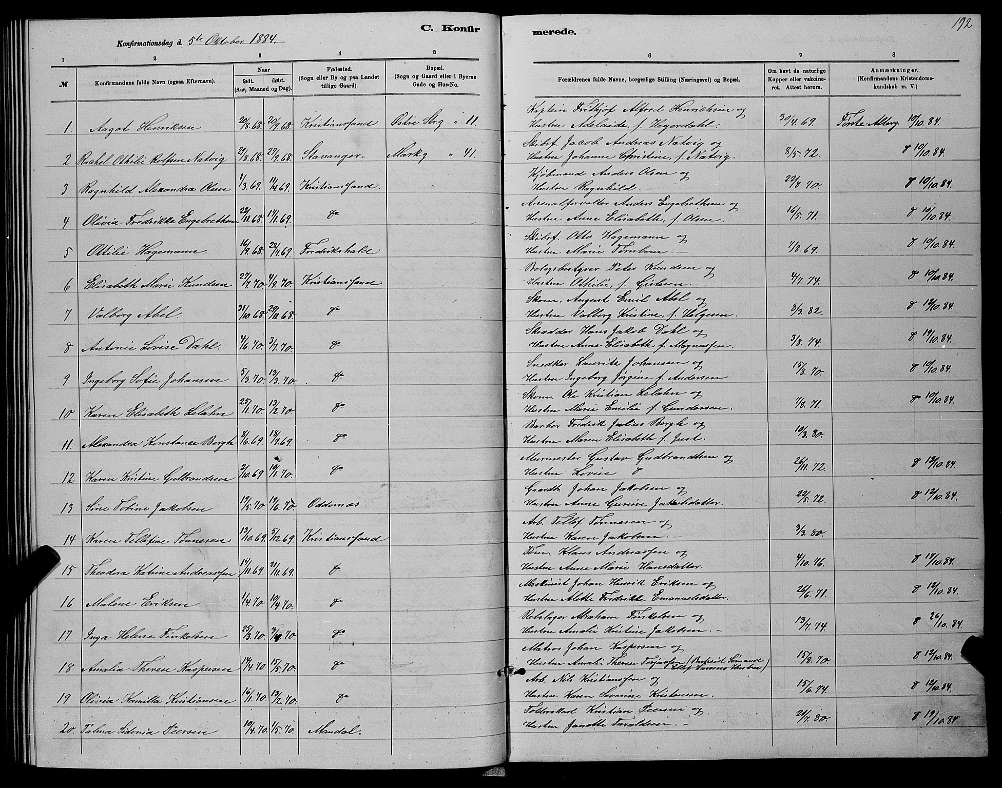 Kristiansand domprosti, SAK/1112-0006/F/Fb/L0016: Parish register (copy) no. B 16, 1881-1893, p. 192