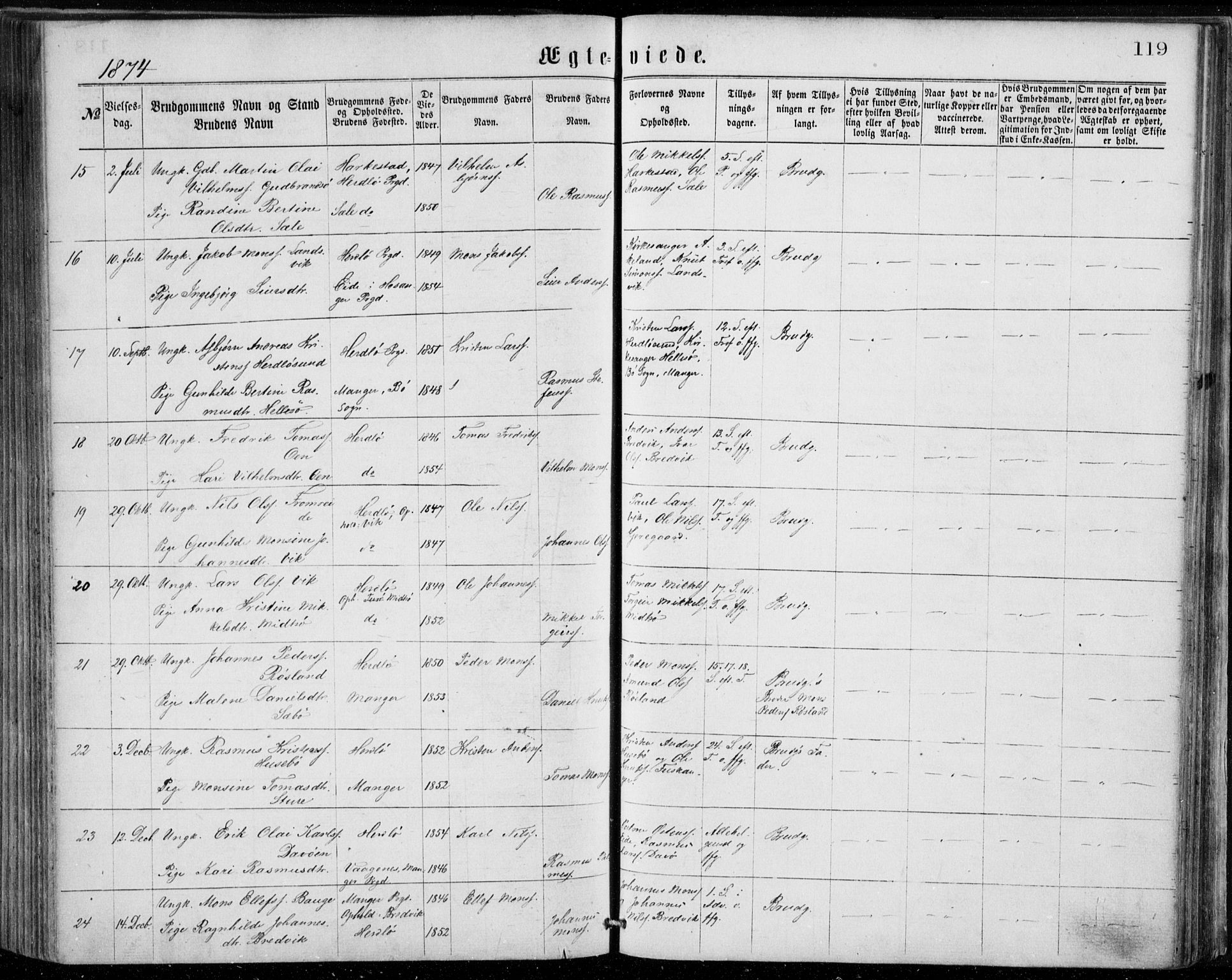 Herdla Sokneprestembete, AV/SAB-A-75701/H/Haa: Parish register (official) no. A 2, 1869-1877, p. 119