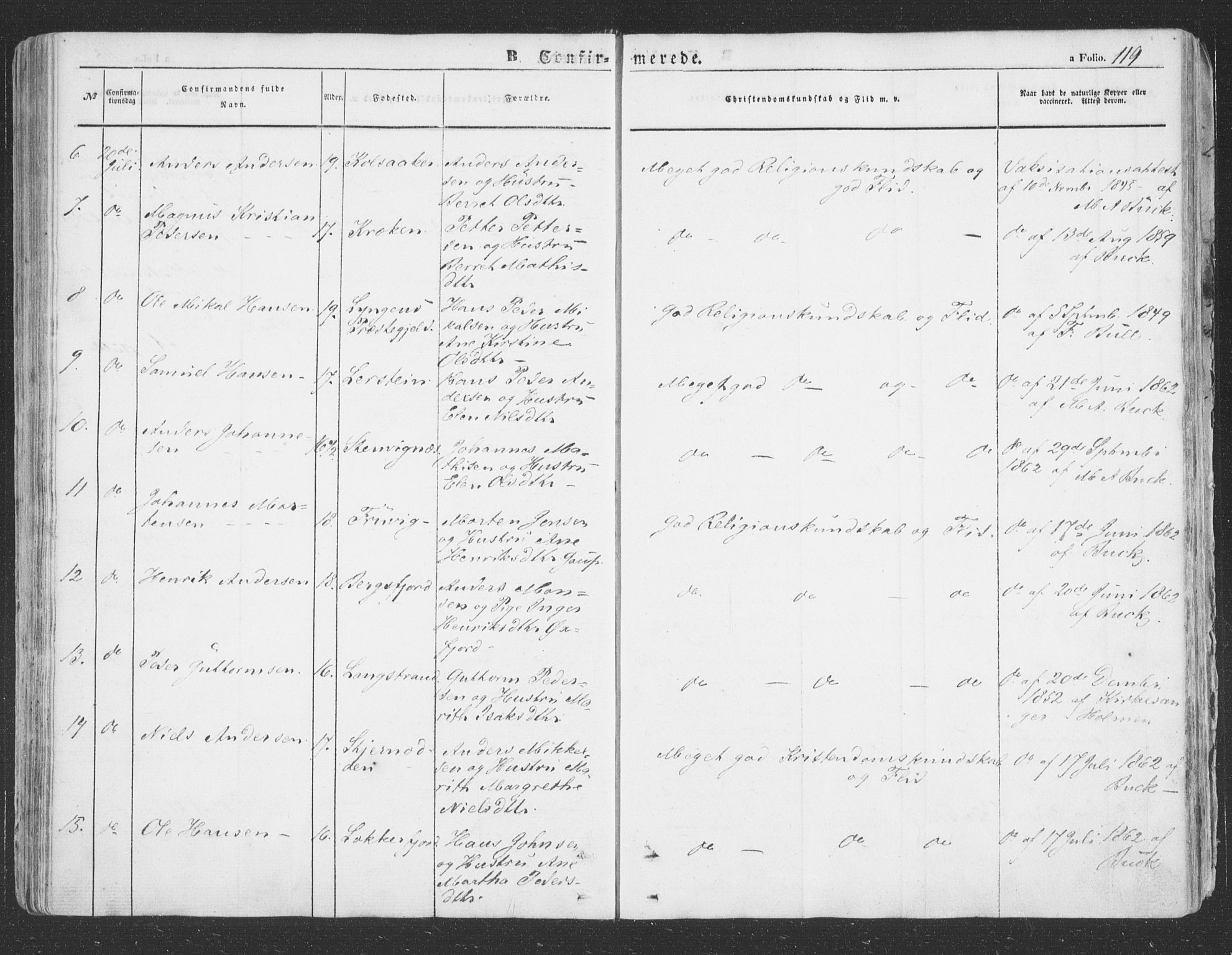 Loppa sokneprestkontor, AV/SATØ-S-1339/H/Ha/L0004kirke: Parish register (official) no. 4, 1849-1868, p. 119