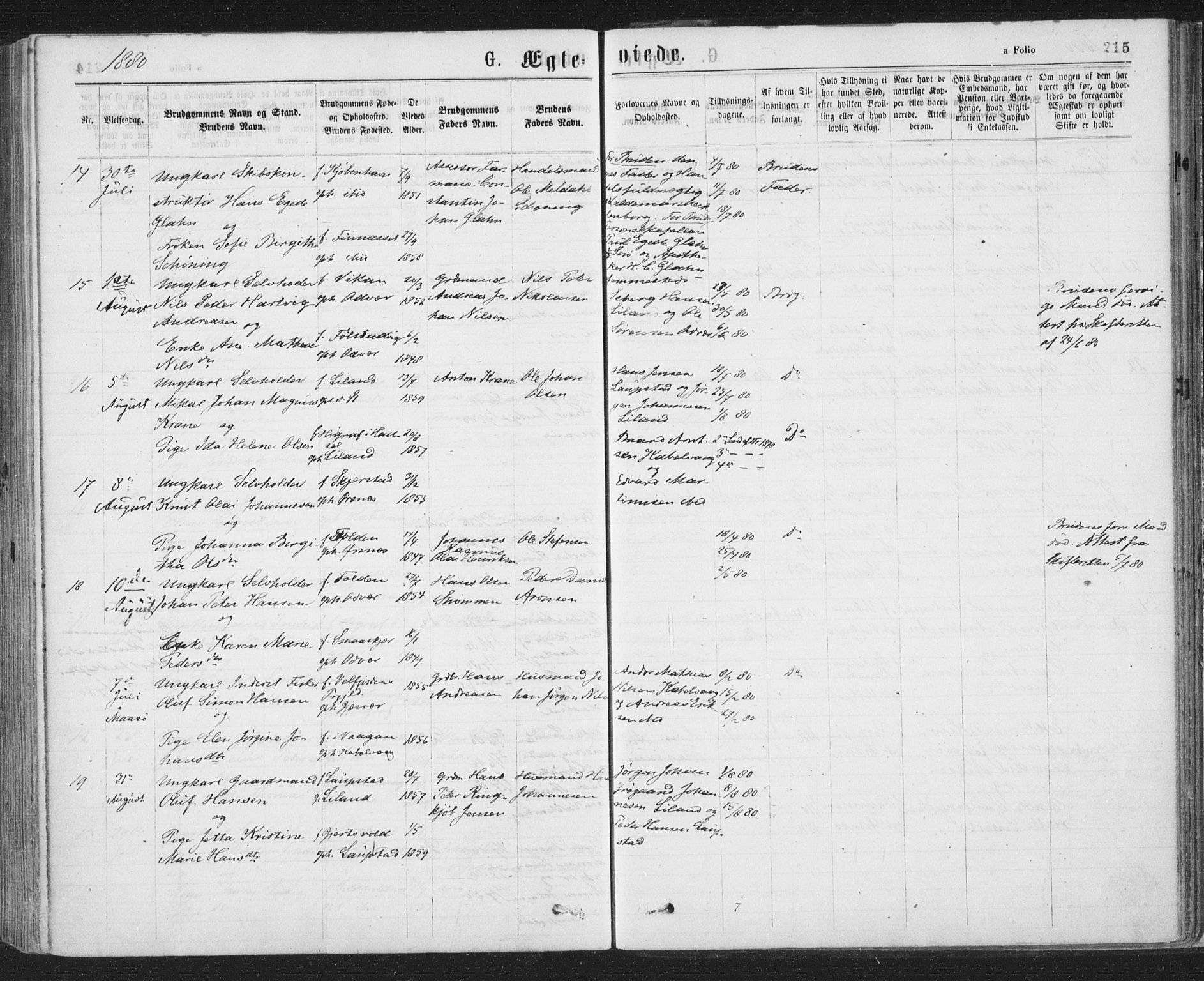 Ministerialprotokoller, klokkerbøker og fødselsregistre - Nordland, SAT/A-1459/874/L1058: Parish register (official) no. 874A02, 1878-1883, p. 215