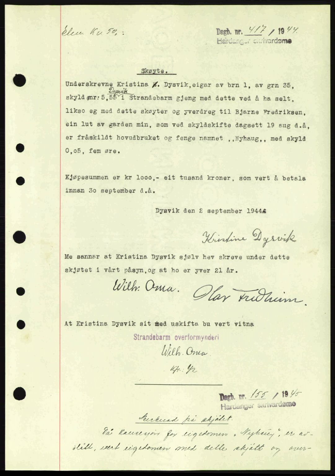 Hardanger sorenskriver, AV/SAB-A-2101/G/Ge/Gec/L0010: Mortgage book no. A10, 1943-1944, Diary no: : 417/1944