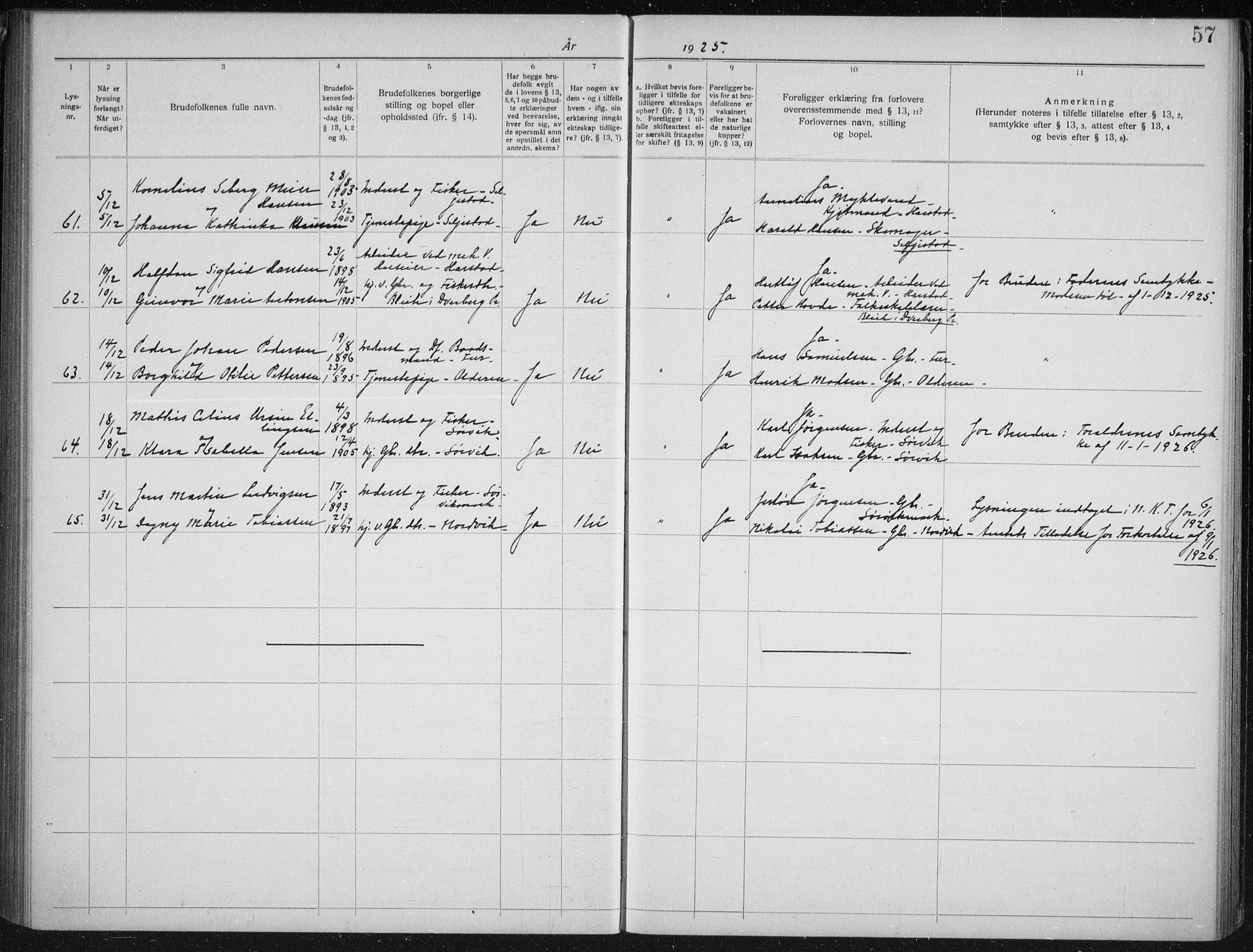 Trondenes sokneprestkontor, AV/SATØ-S-1319/I/Ib/L0099: Banns register no. 99, 1919-1930, p. 57