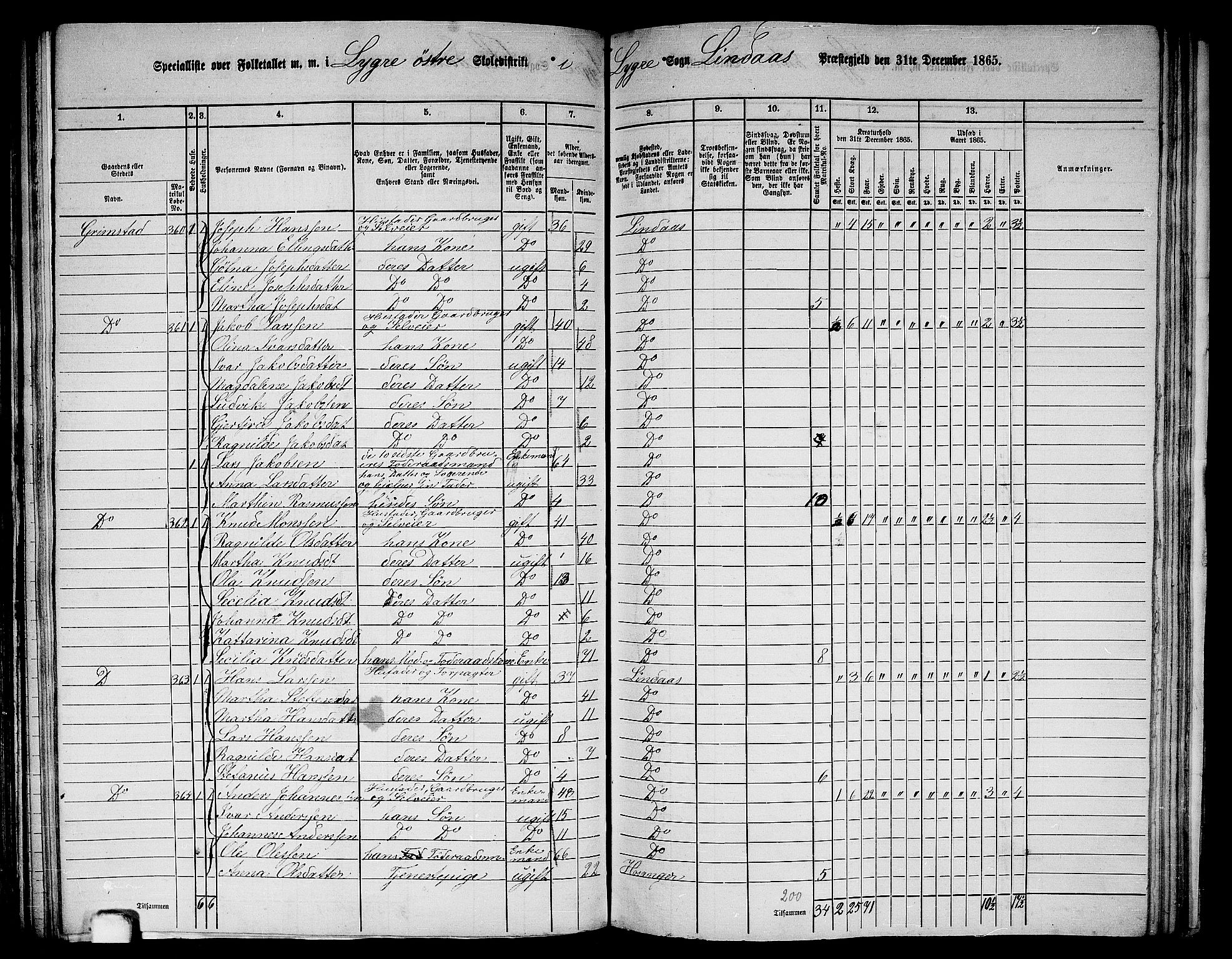 RA, 1865 census for Lindås, 1865, p. 161