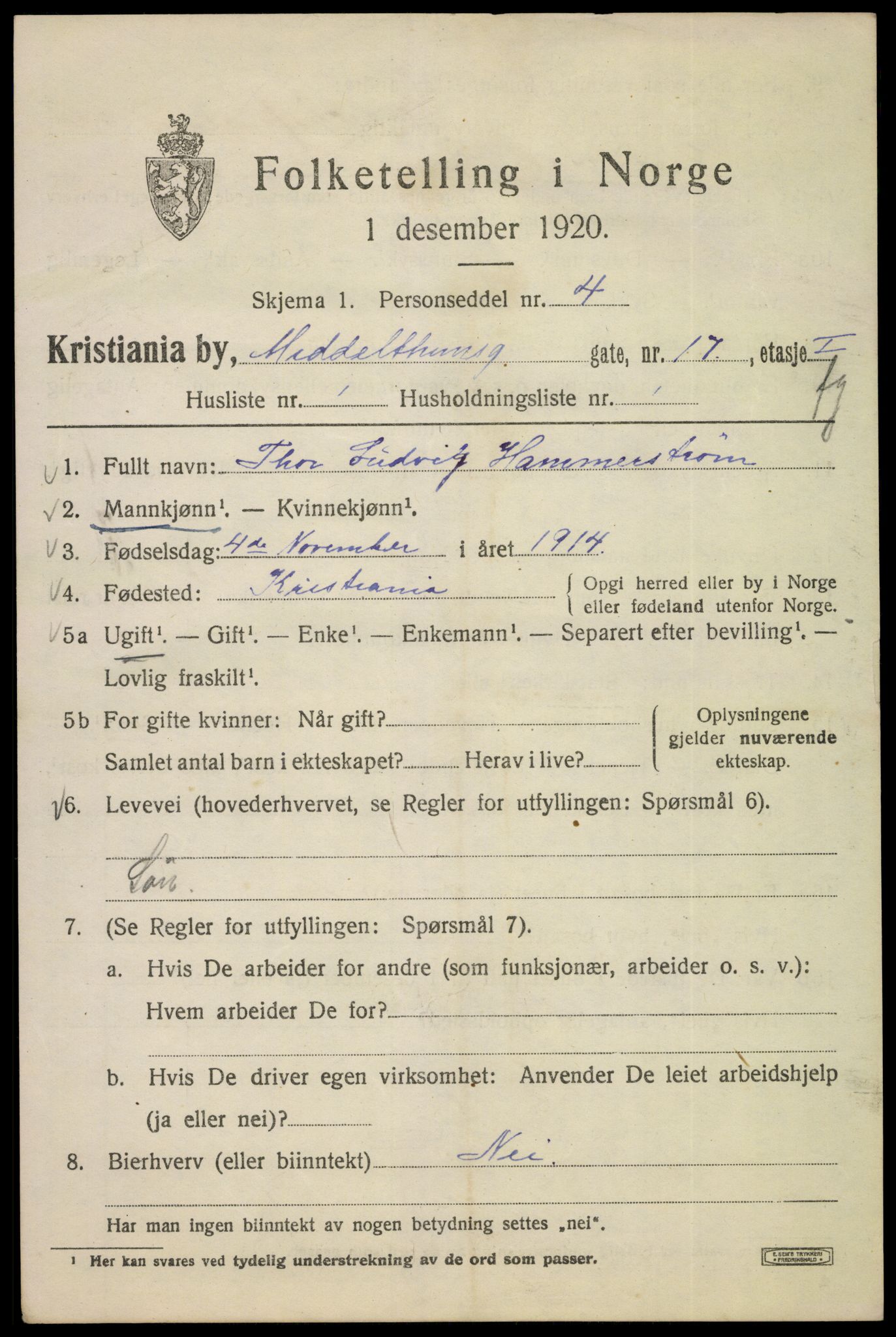 SAO, 1920 census for Kristiania, 1920, p. 395401