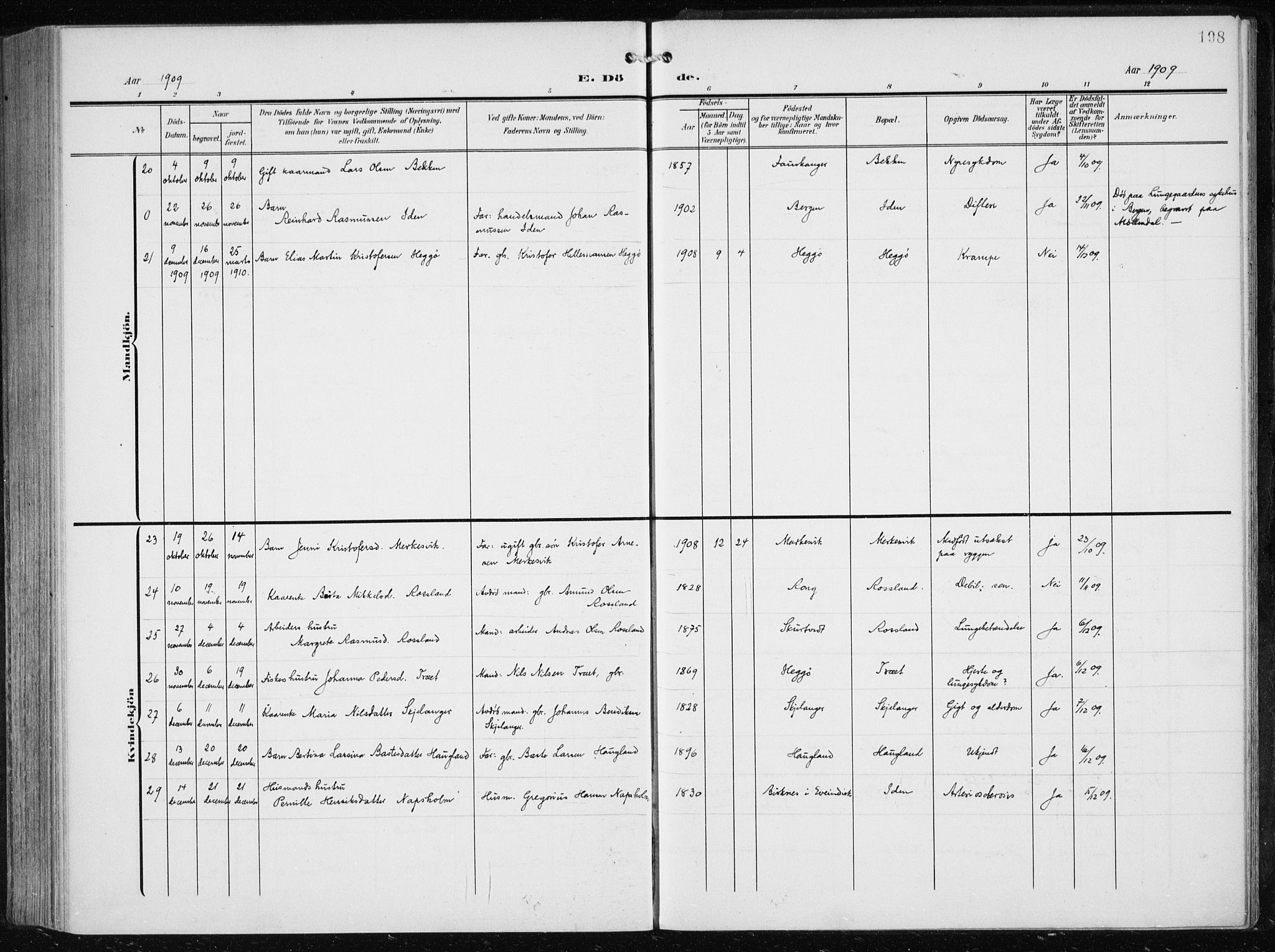 Herdla Sokneprestembete, AV/SAB-A-75701/H/Haa: Parish register (official) no. A 5, 1905-1918, p. 198