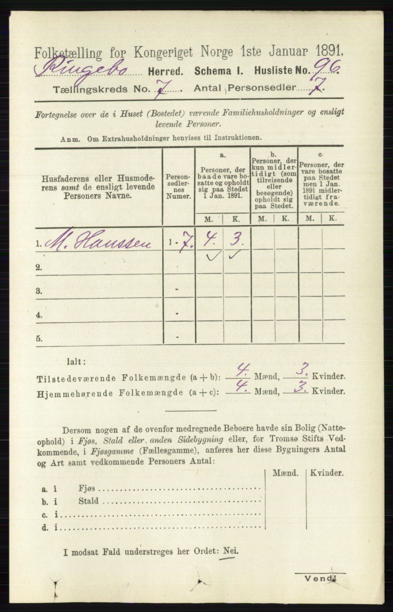 RA, 1891 census for 0520 Ringebu, 1891, p. 3019