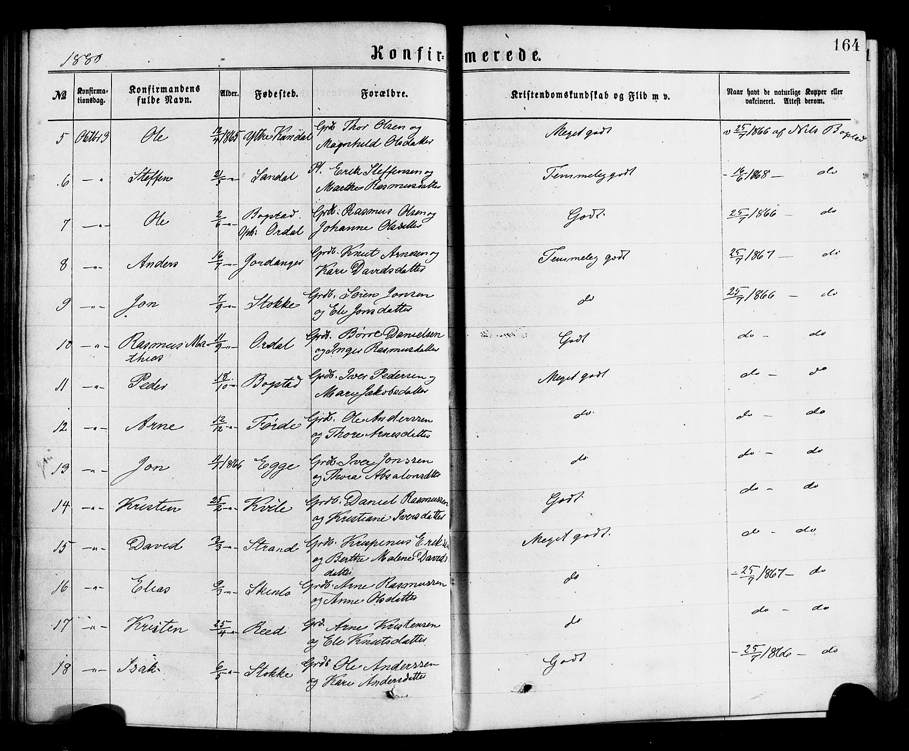 Gloppen sokneprestembete, SAB/A-80101/H/Haa/Haac/L0001: Parish register (official) no. C 1, 1871-1886, p. 164