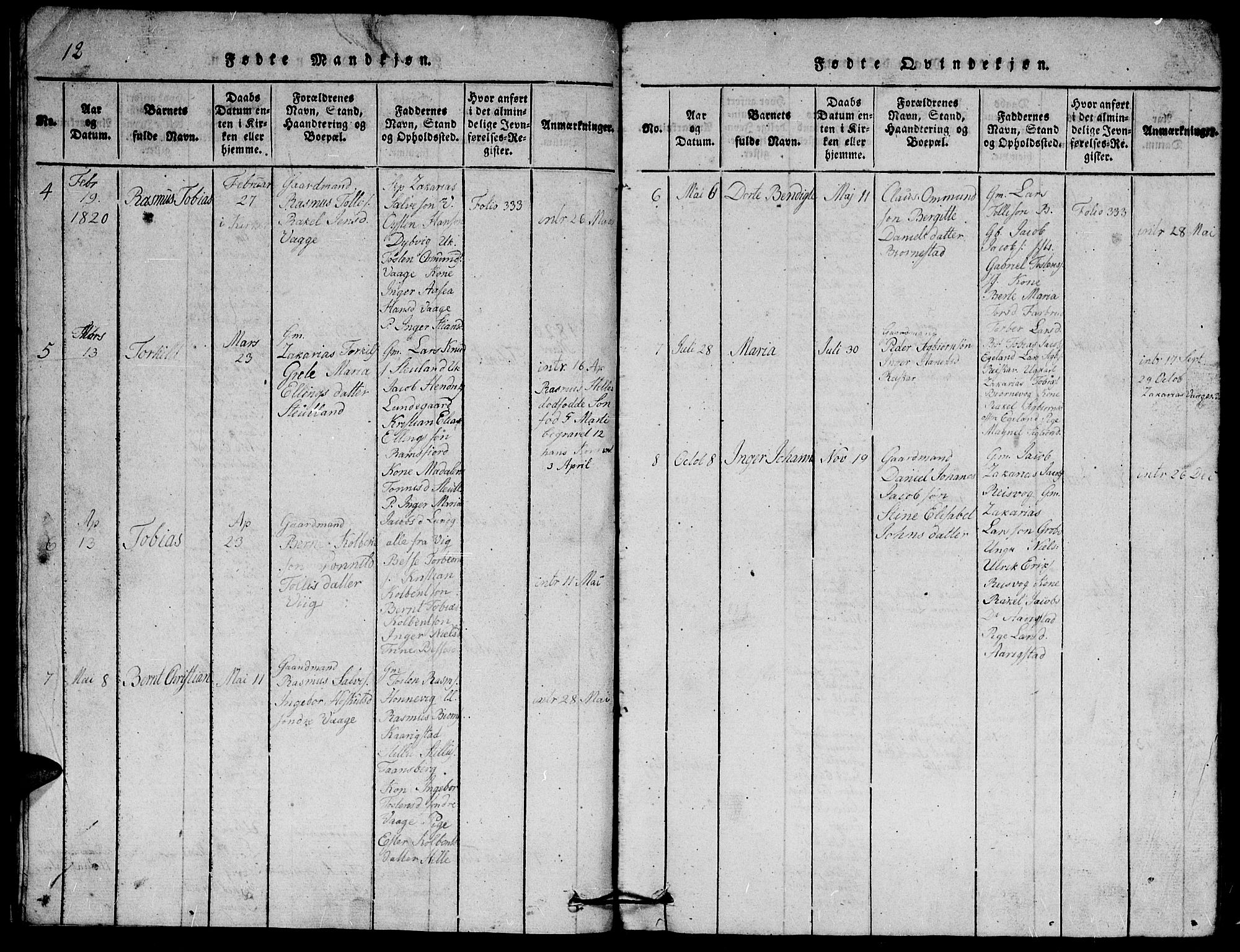 Herad sokneprestkontor, AV/SAK-1111-0018/F/Fb/Fbb/L0001: Parish register (copy) no. B 1, 1815-1852, p. 12