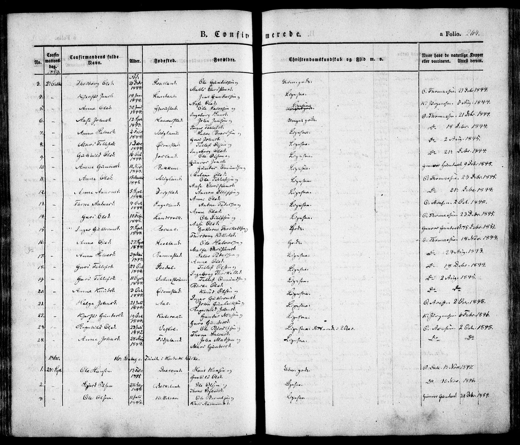 Evje sokneprestkontor, SAK/1111-0008/F/Fa/Faa/L0005: Parish register (official) no. A 5, 1843-1865, p. 264