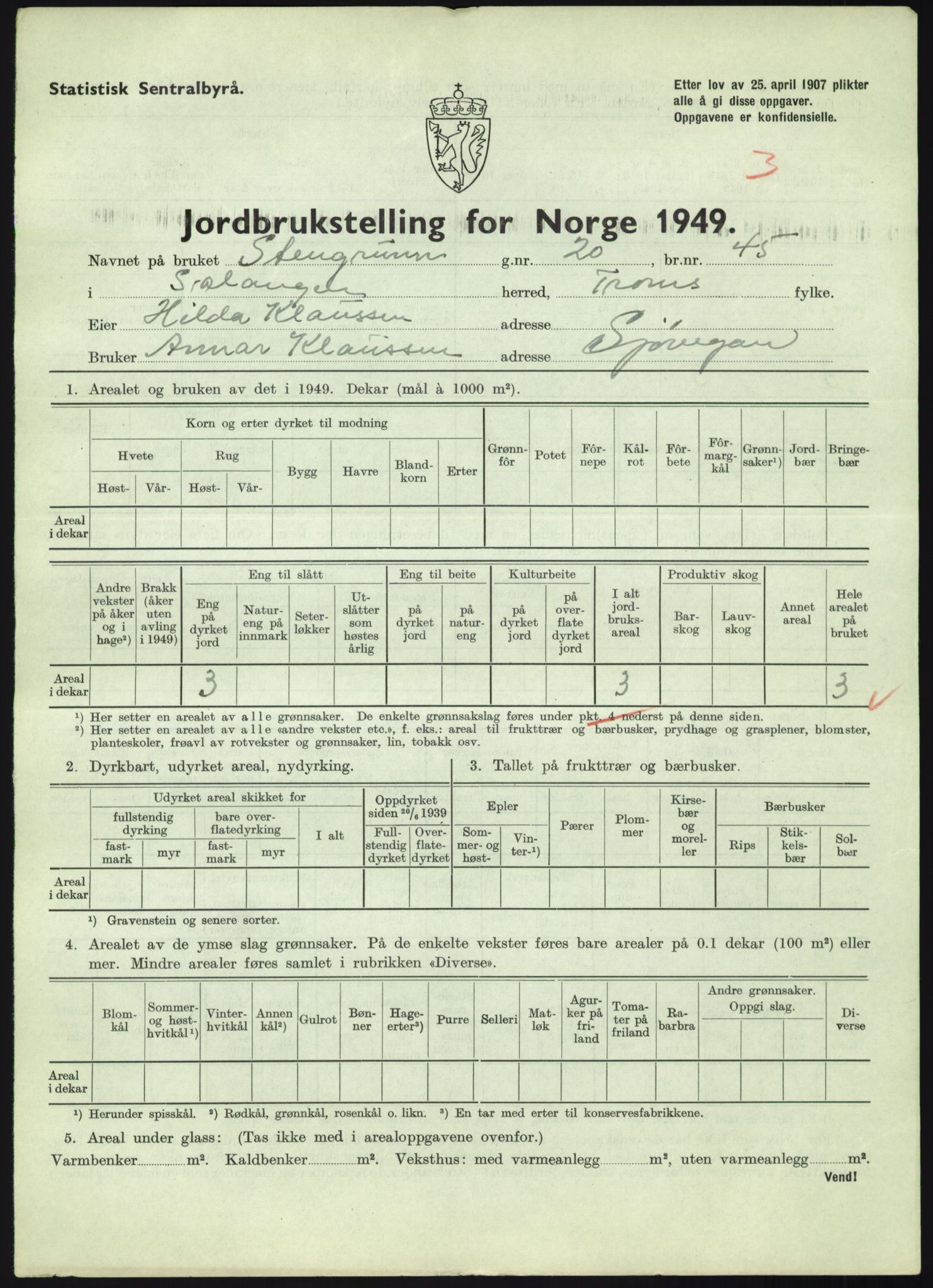 Statistisk sentralbyrå, Næringsøkonomiske emner, Jordbruk, skogbruk, jakt, fiske og fangst, AV/RA-S-2234/G/Gc/L0438: Troms: Salangen og Bardu, 1949, p. 81