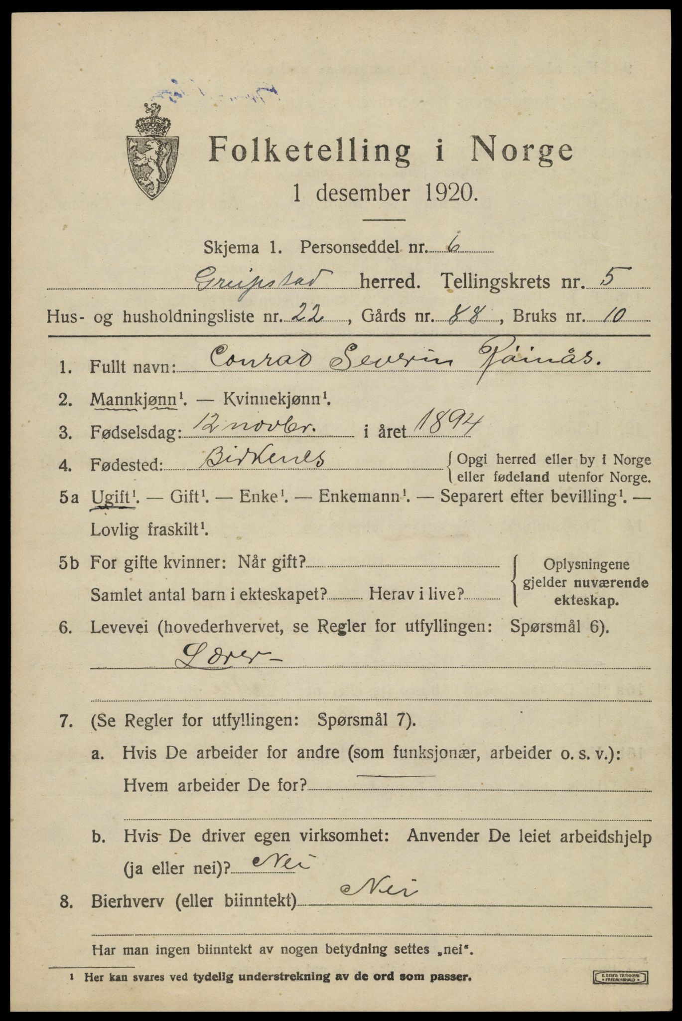 SAK, 1920 census for Greipstad, 1920, p. 1870