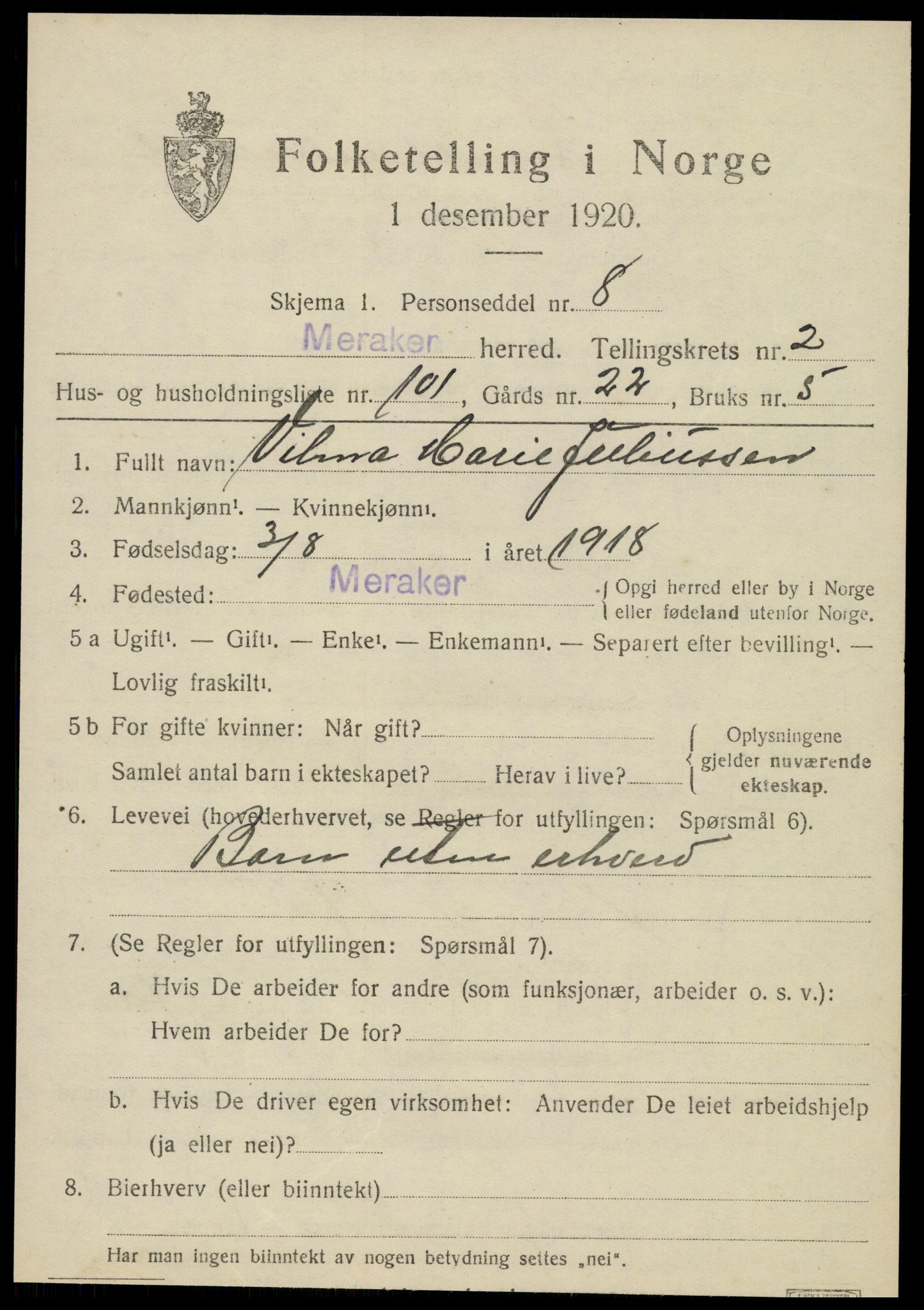 SAT, 1920 census for Meråker, 1920, p. 3090