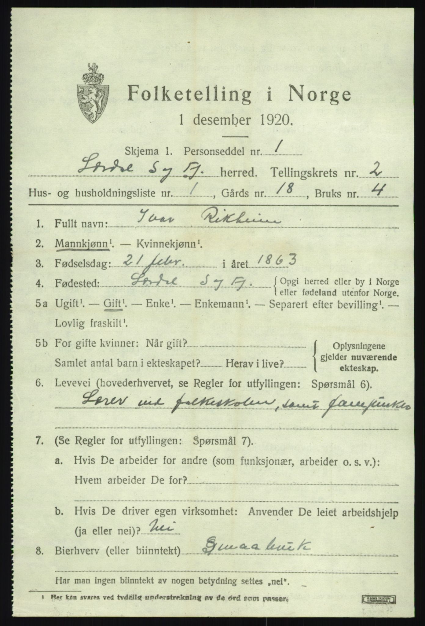 SAB, 1920 census for Lærdal, 1920, p. 1242