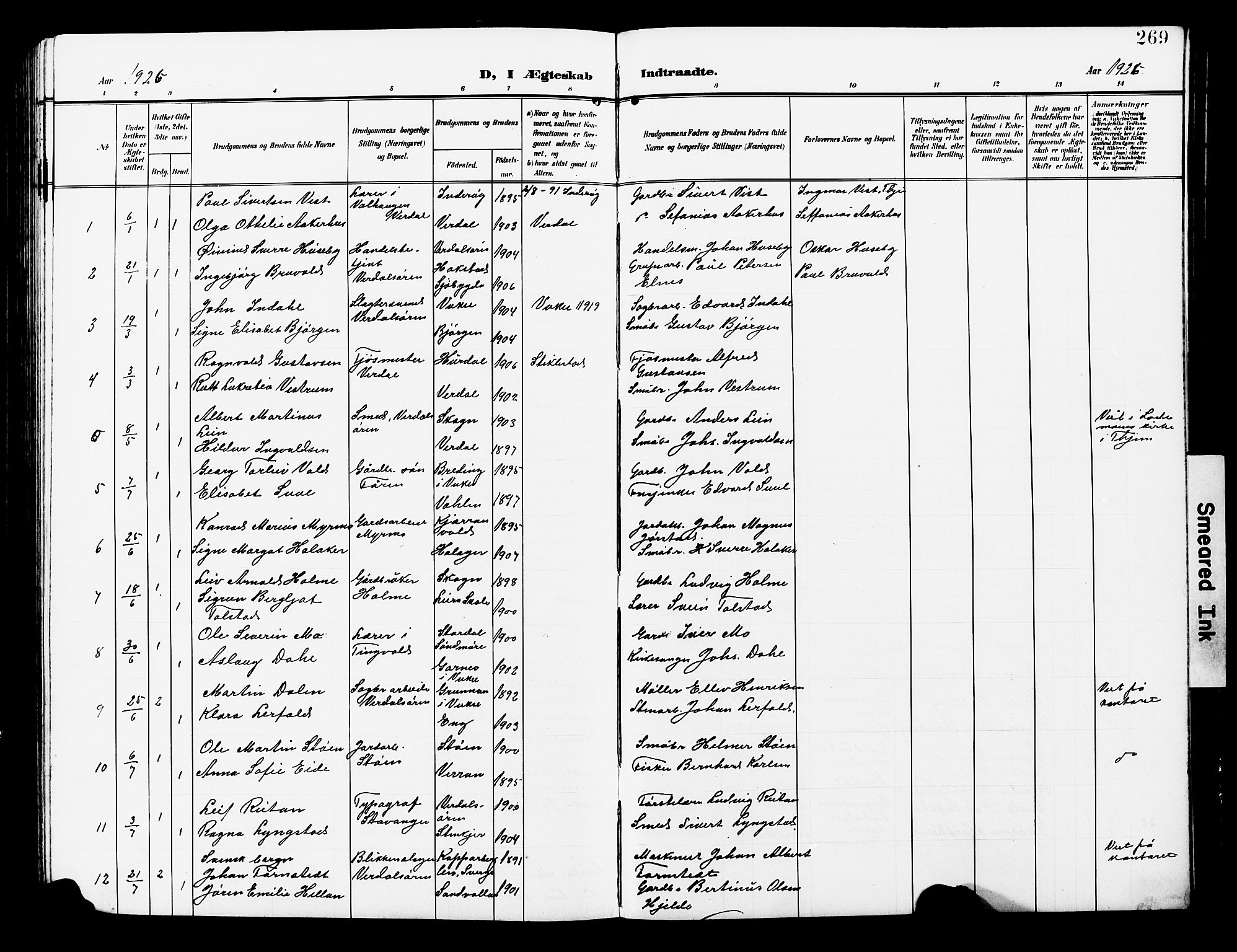 Ministerialprotokoller, klokkerbøker og fødselsregistre - Nord-Trøndelag, SAT/A-1458/723/L0258: Parish register (copy) no. 723C06, 1908-1927, p. 269