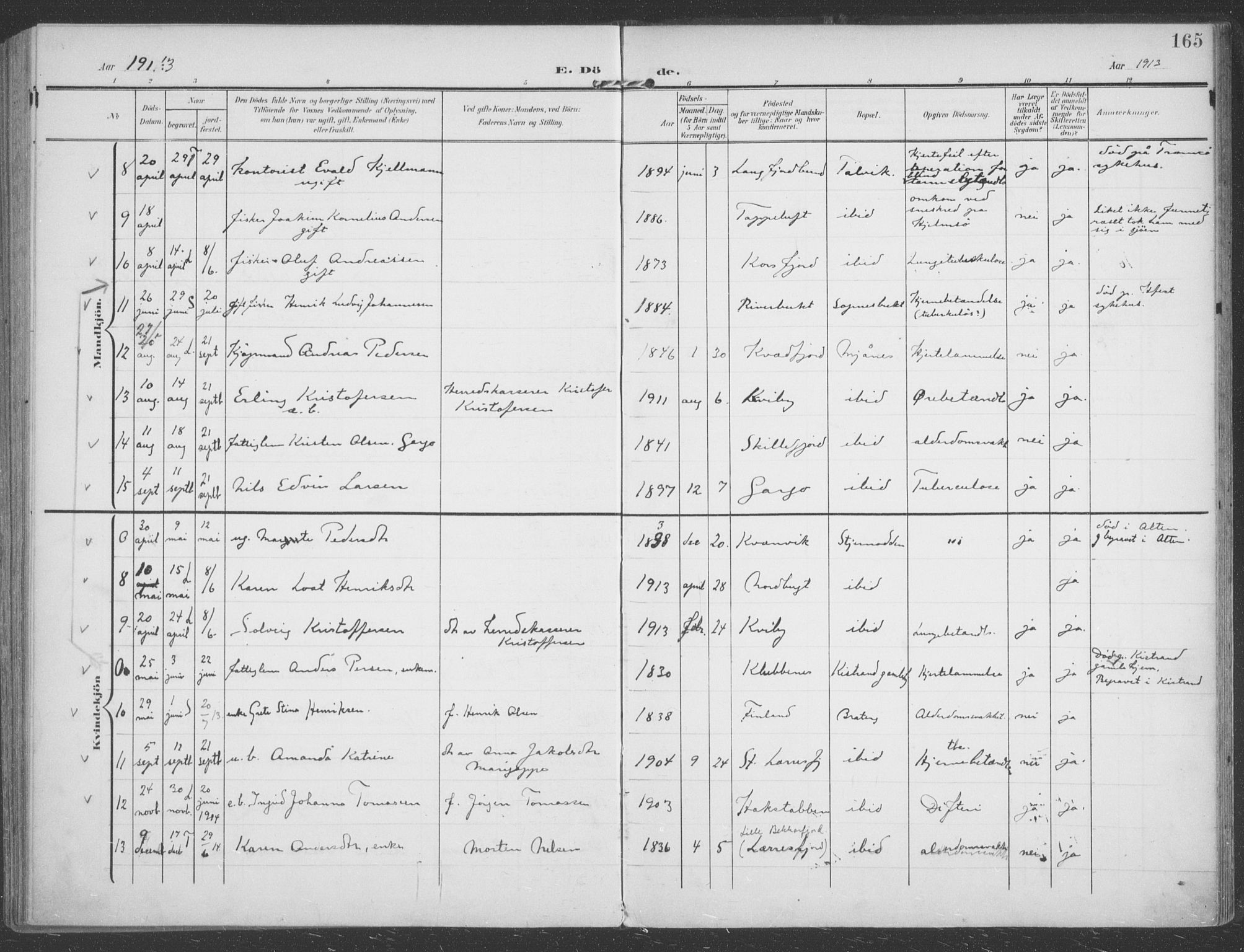 Talvik sokneprestkontor, SATØ/S-1337/H/Ha/L0017kirke: Parish register (official) no. 17, 1906-1915, p. 165