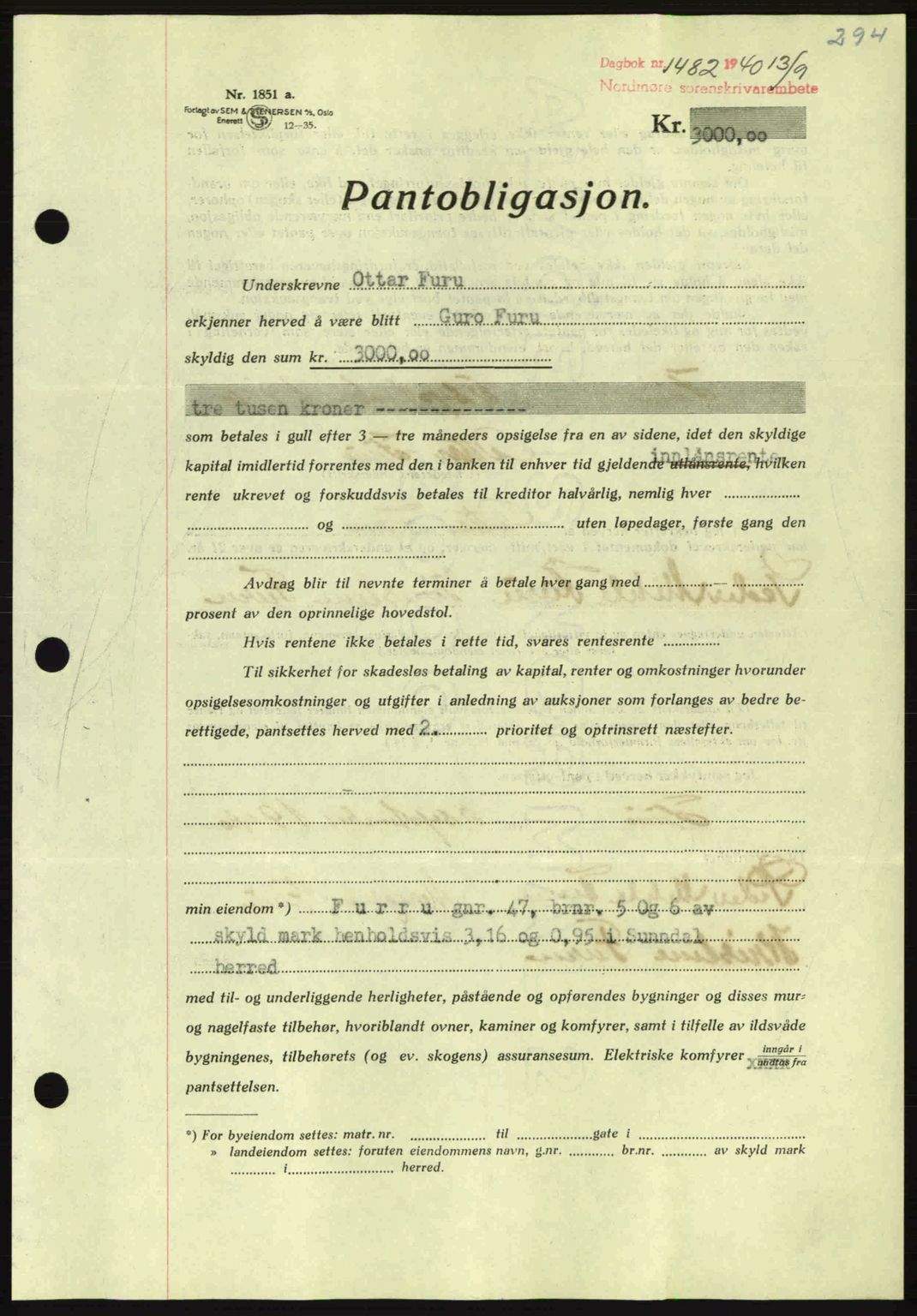 Nordmøre sorenskriveri, AV/SAT-A-4132/1/2/2Ca: Mortgage book no. B87, 1940-1941, Diary no: : 1482/1940