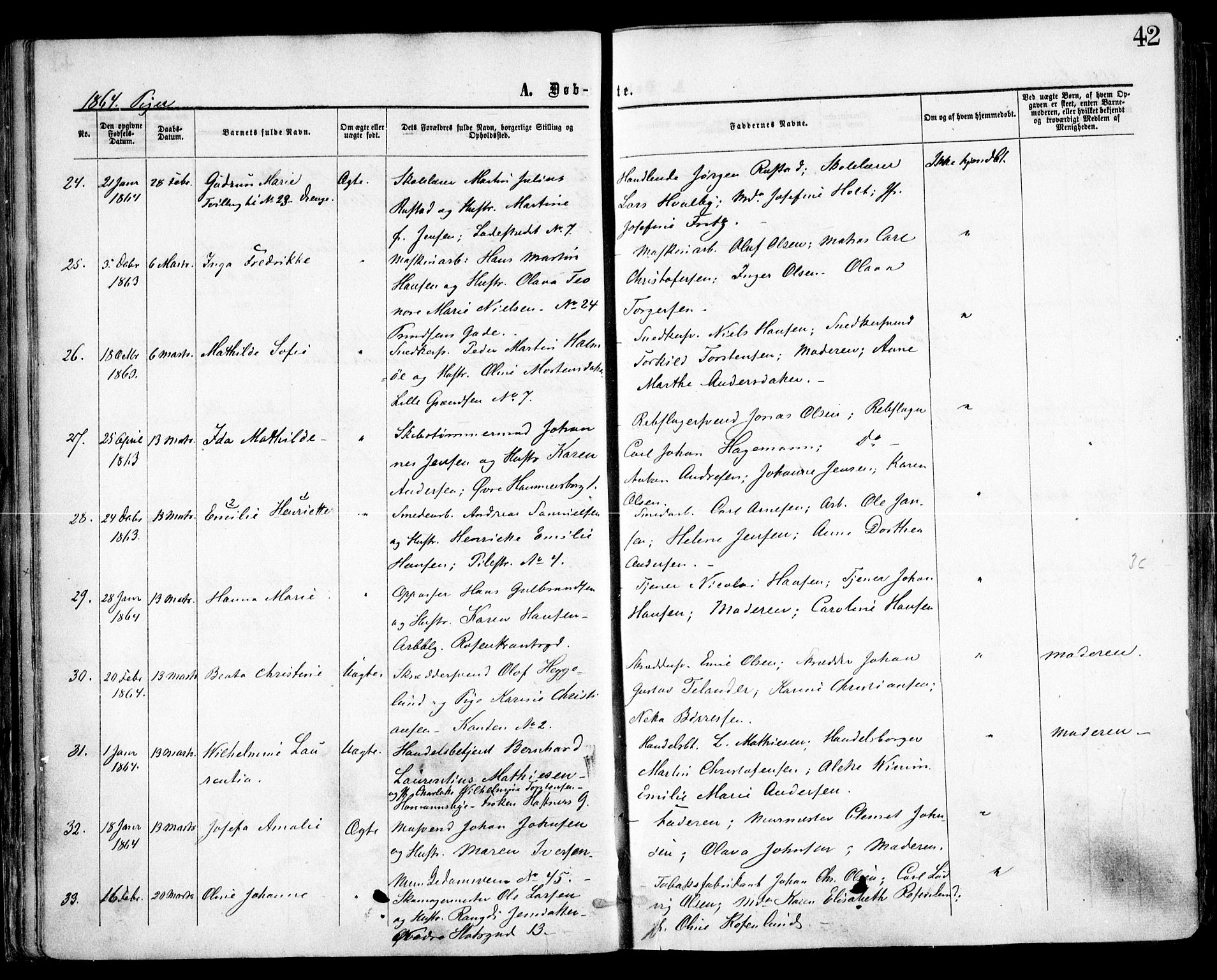 Trefoldighet prestekontor Kirkebøker, SAO/A-10882/F/Fa/L0002: Parish register (official) no. I 2, 1863-1870, p. 42