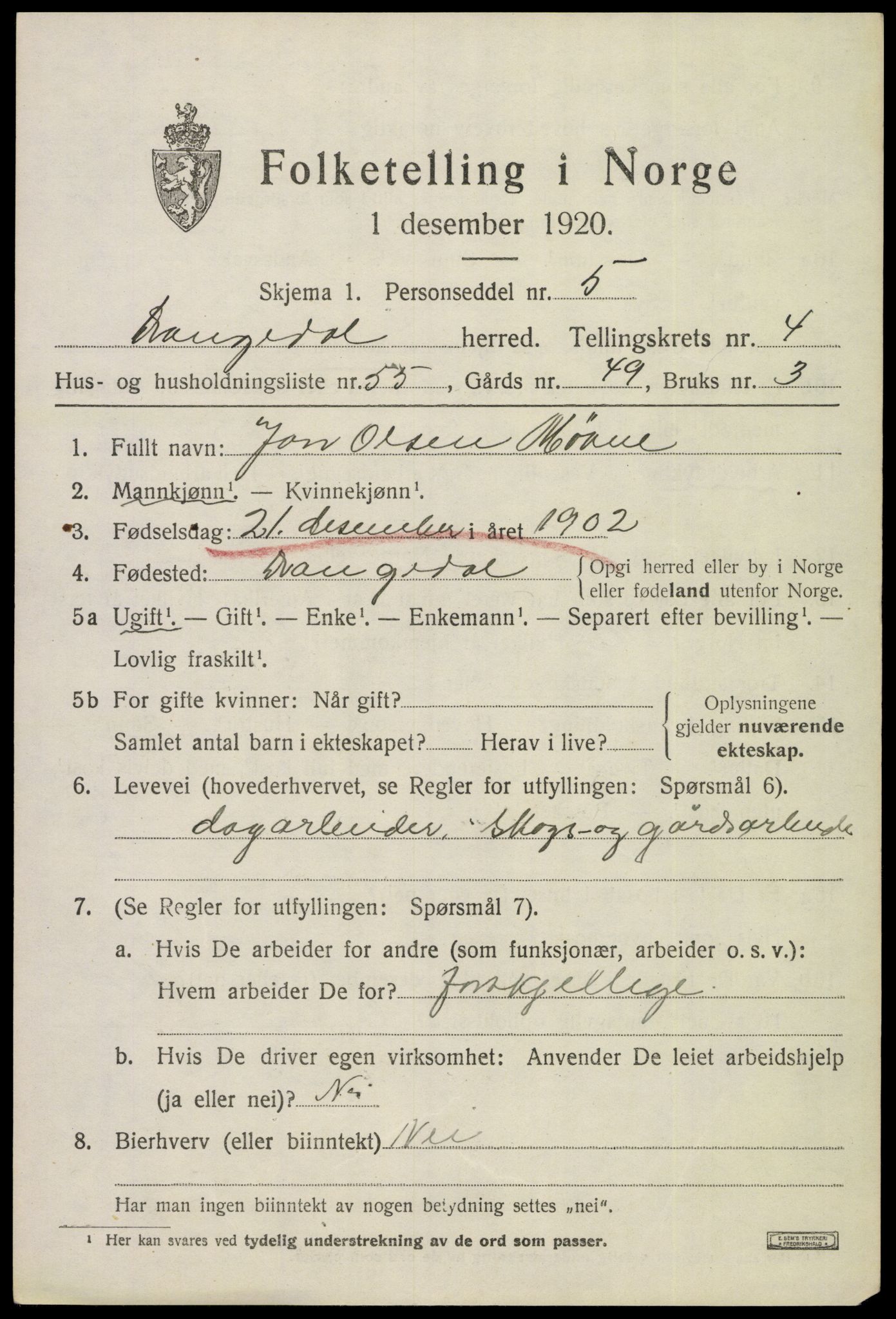 SAKO, 1920 census for Drangedal, 1920, p. 3685