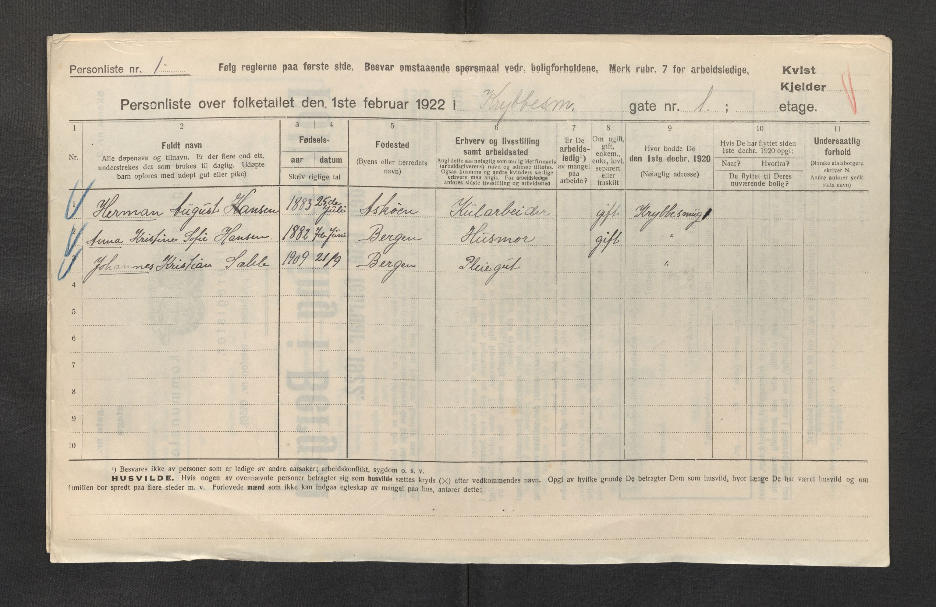 SAB, Municipal Census 1922 for Bergen, 1922, p. 21035