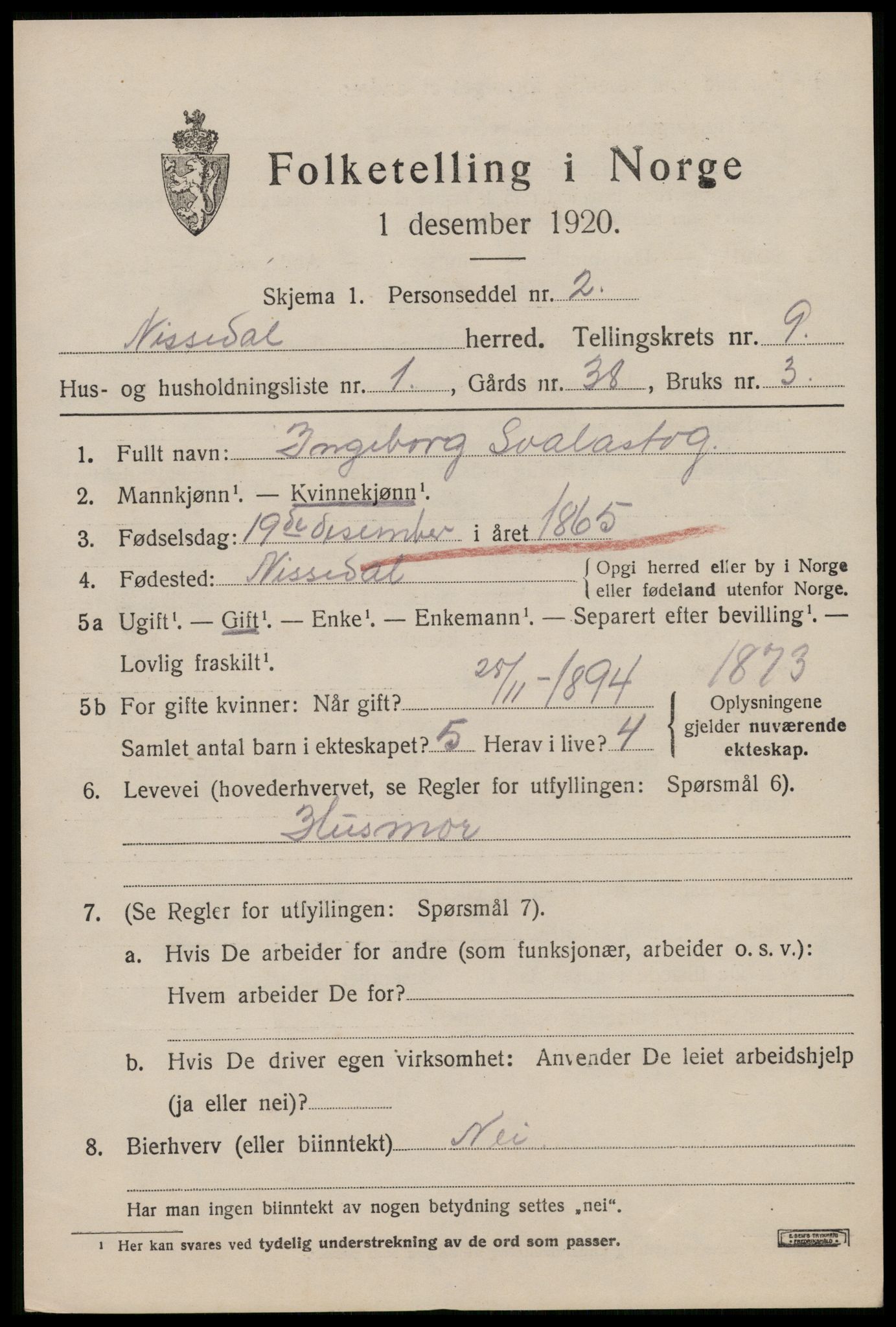 SAKO, 1920 census for Nissedal, 1920, p. 3493