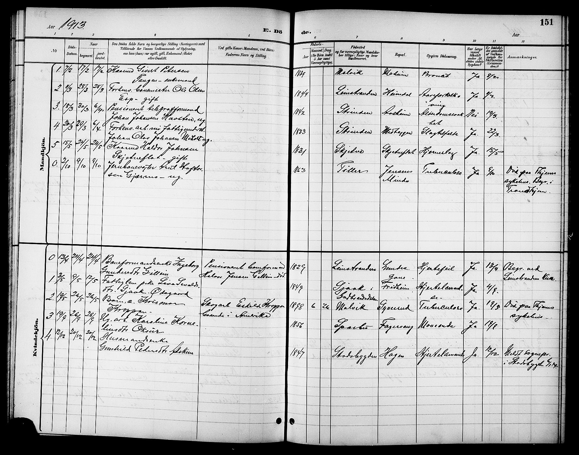 Ministerialprotokoller, klokkerbøker og fødselsregistre - Sør-Trøndelag, AV/SAT-A-1456/621/L0460: Parish register (copy) no. 621C03, 1896-1914, p. 151