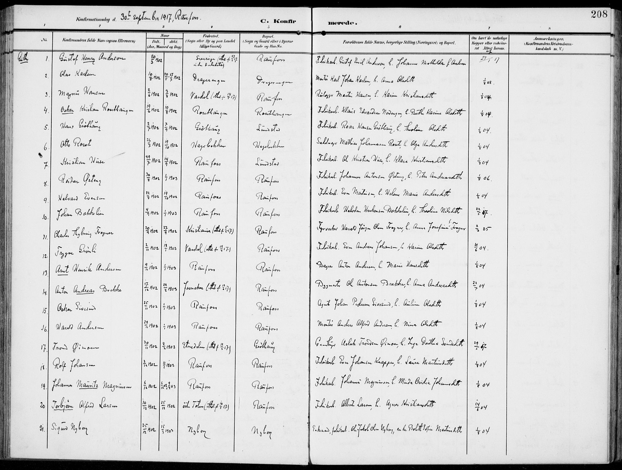 Vestre Toten prestekontor, SAH/PREST-108/H/Ha/Haa/L0014: Parish register (official) no. 14, 1907-1920, p. 208