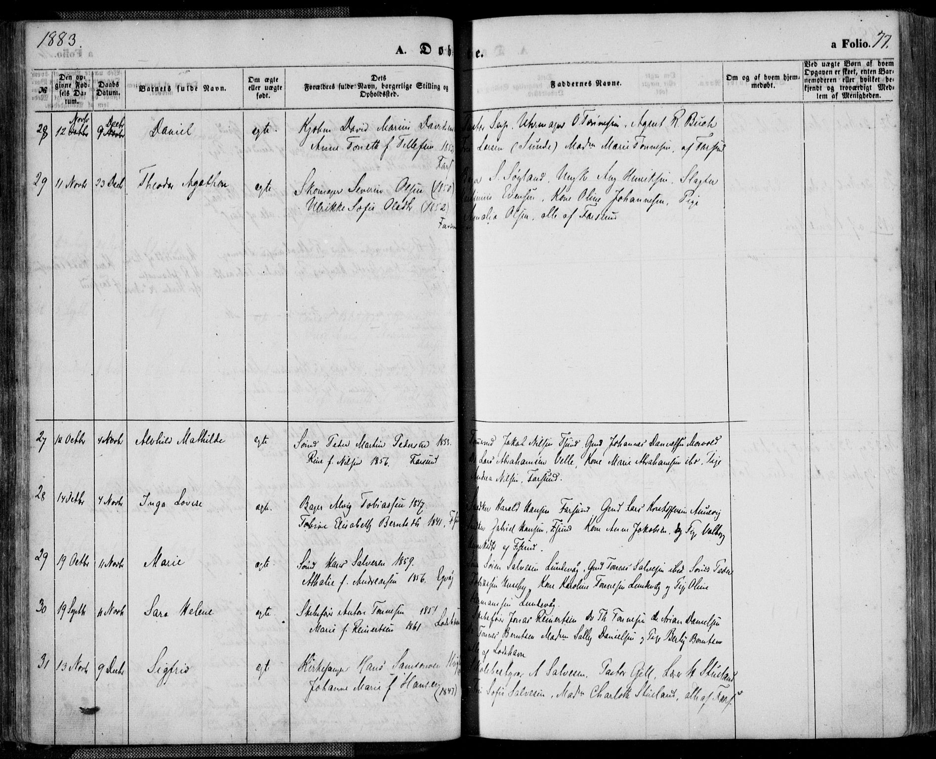 Farsund sokneprestkontor, AV/SAK-1111-0009/F/Fa/L0005: Parish register (official) no. A 5, 1863-1886, p. 77