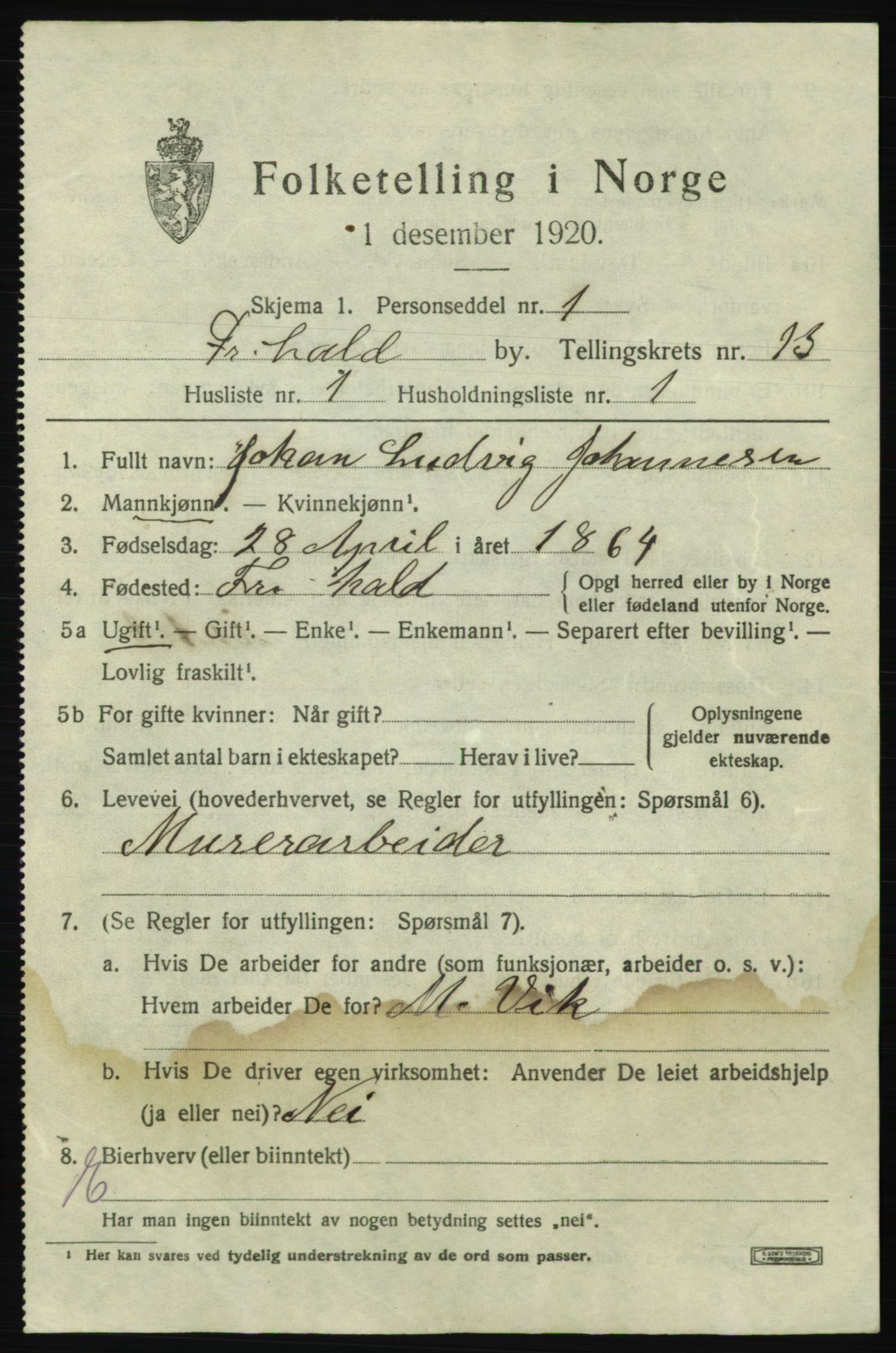 SAO, 1920 census for Fredrikshald, 1920, p. 20663