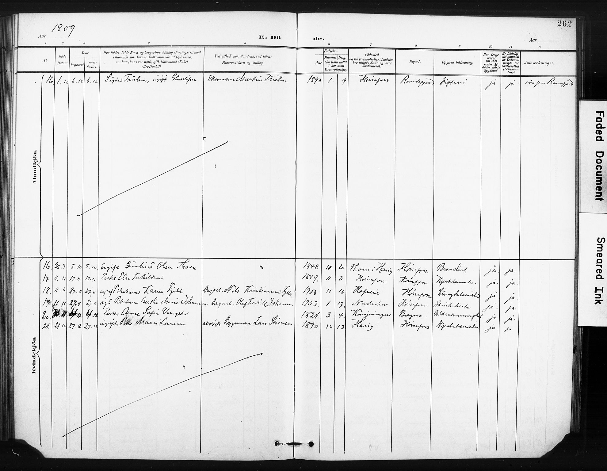 Hønefoss kirkebøker, AV/SAKO-A-609/F/Fa/L0003: Parish register (official) no. 3, 1900-1913, p. 262