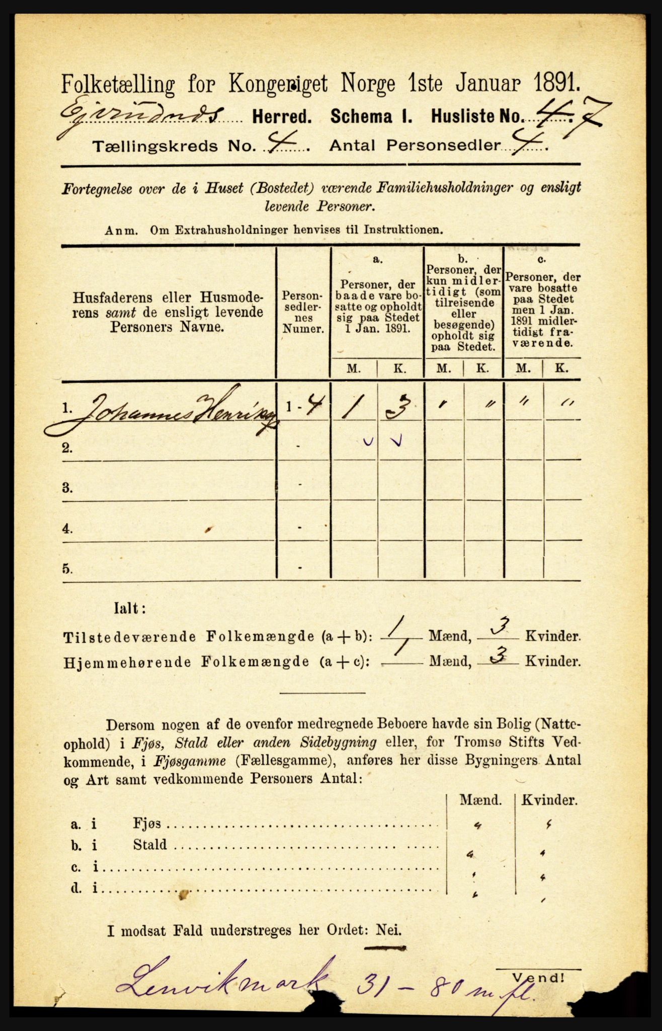 RA, 1891 census for 1853 Evenes, 1891, p. 1222