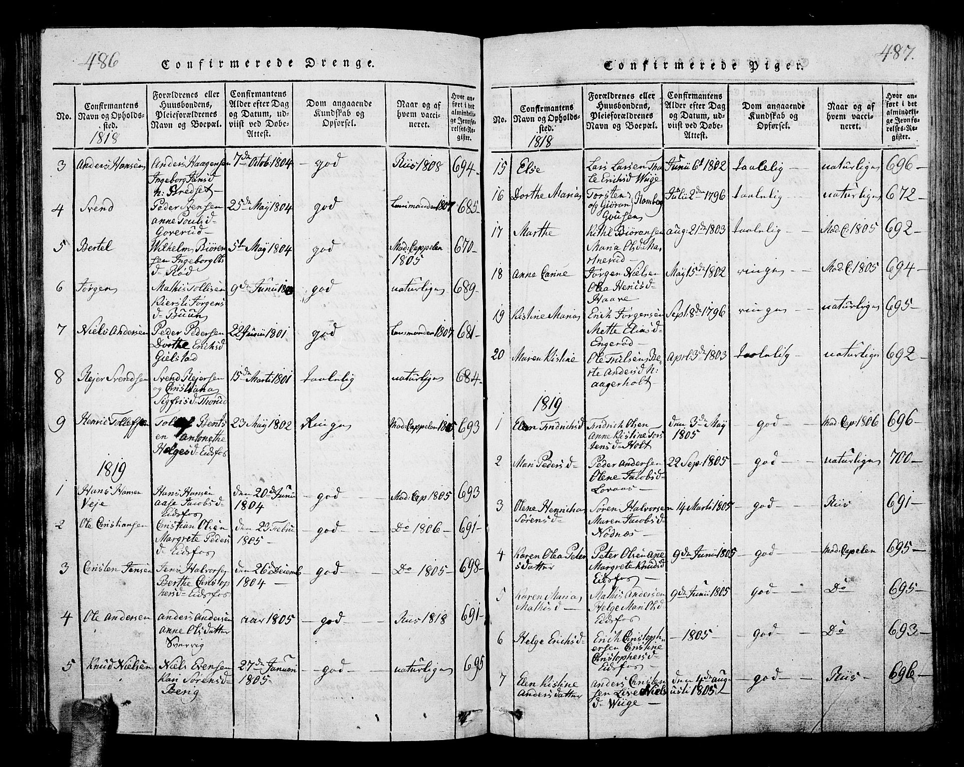 Hof kirkebøker, SAKO/A-64/G/Ga/L0001: Parish register (copy) no. I 1, 1814-1844, p. 486-487