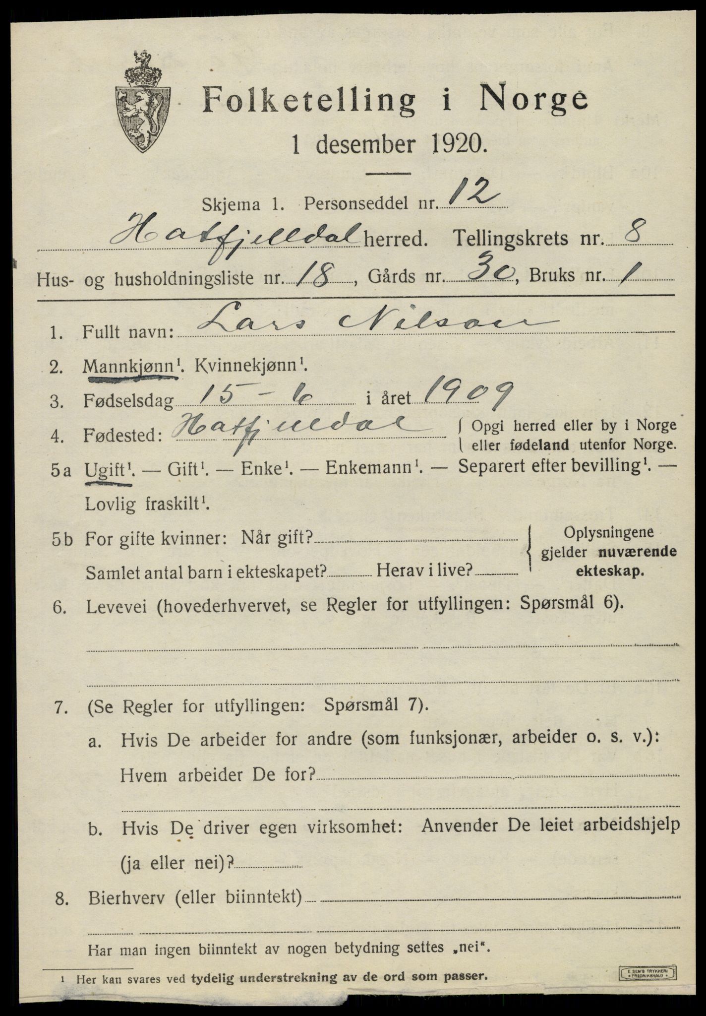 SAT, 1920 census for Hattfjelldal, 1920, p. 2152